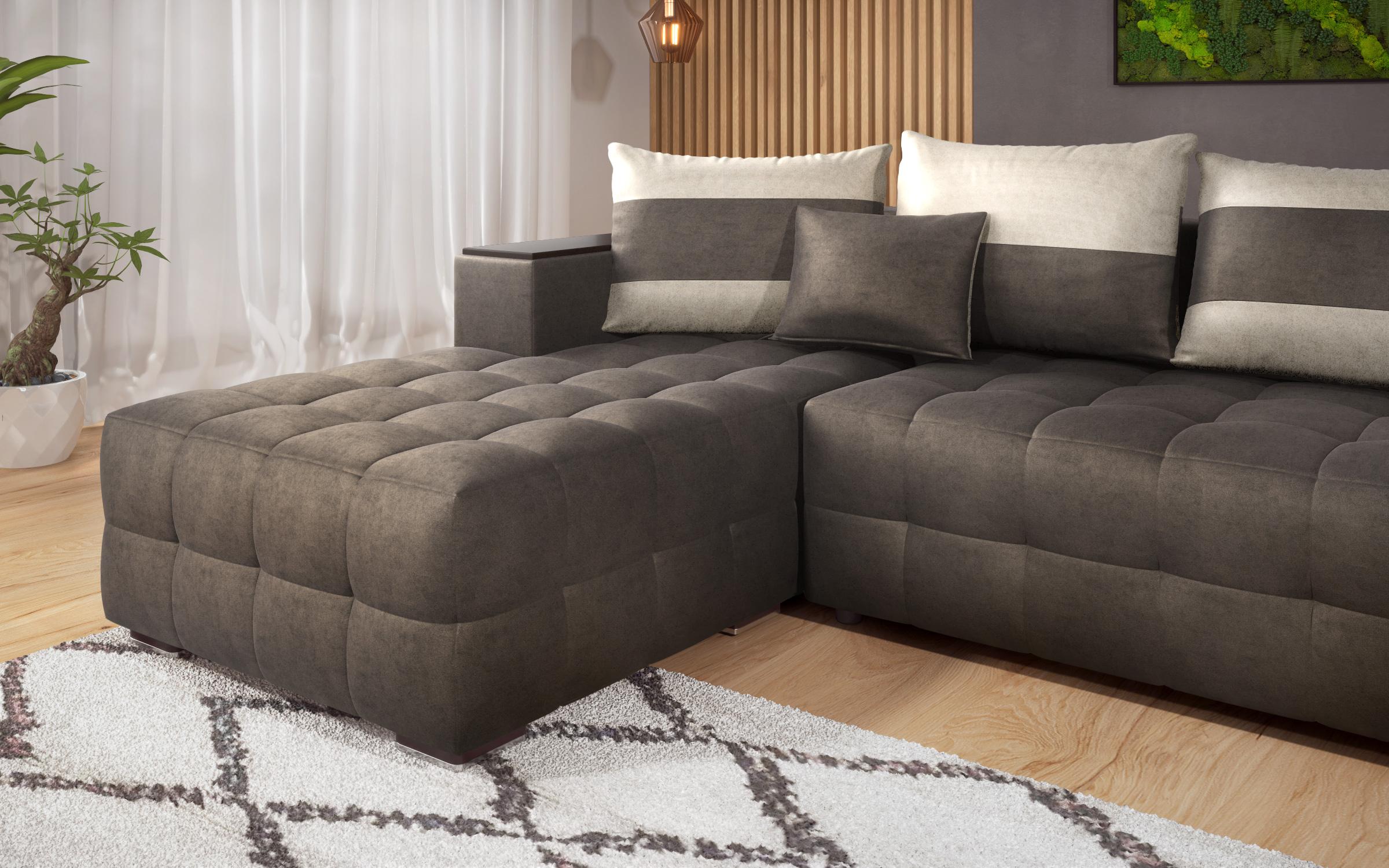 Extendable corner sofa with shelf armrest Melvin, dark brown + light beige  8