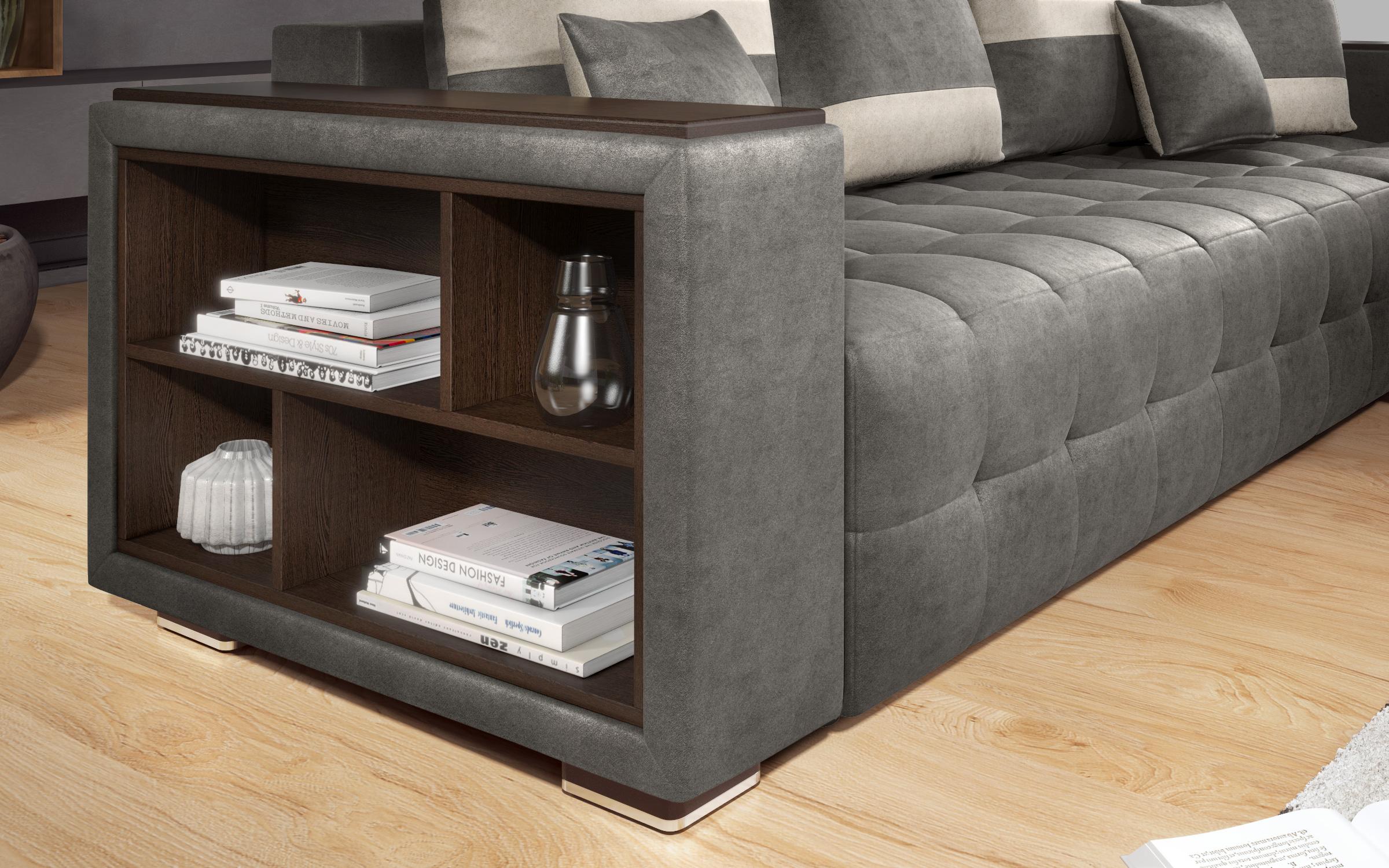 Extendable corner sofa with shelf armrest Melvin, grey + light beige  8