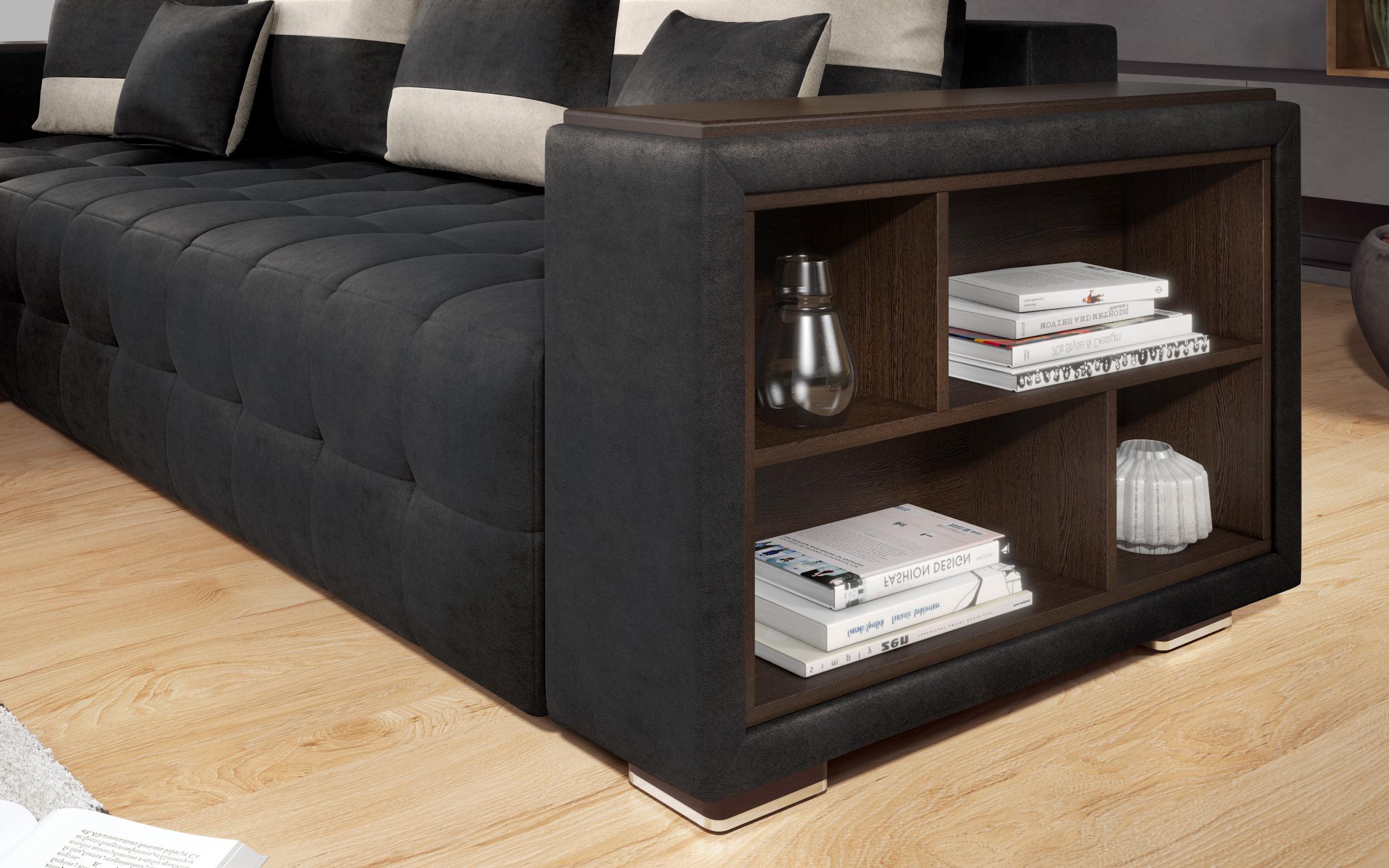 Extendable corner sofa with shelf armrest Melvin, black + light beige  9