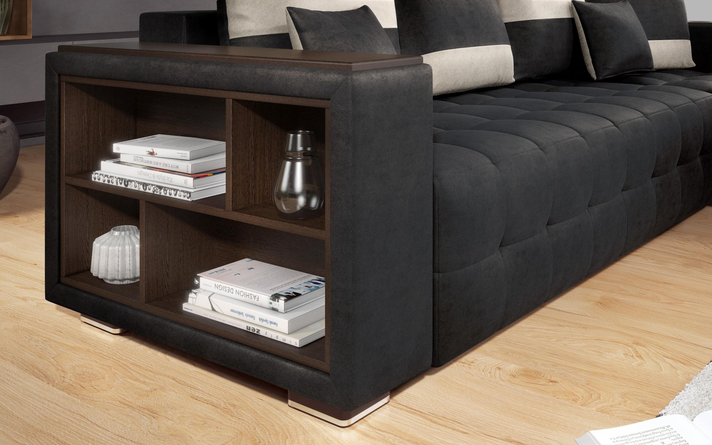 Extendable corner sofa with shelf armrest Melvin, black + light beige  9