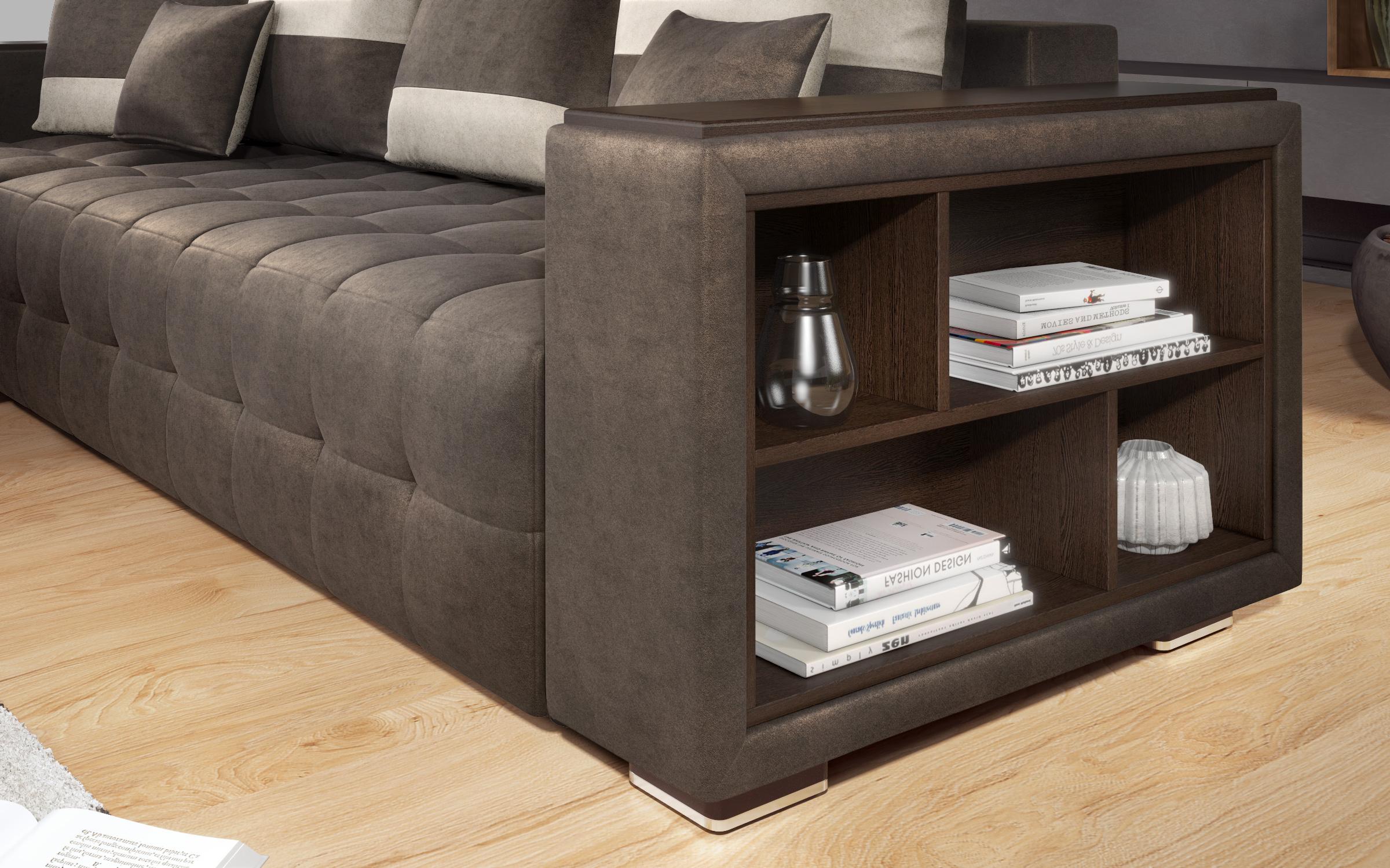 Extendable corner sofa with shelf armrest Melvin, dark brown + light beige  9