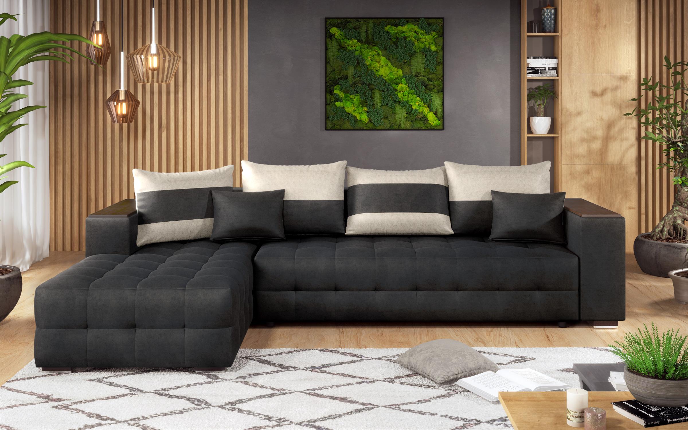 Extendable corner sofa with shelf armrest Melvin, black + light beige  3