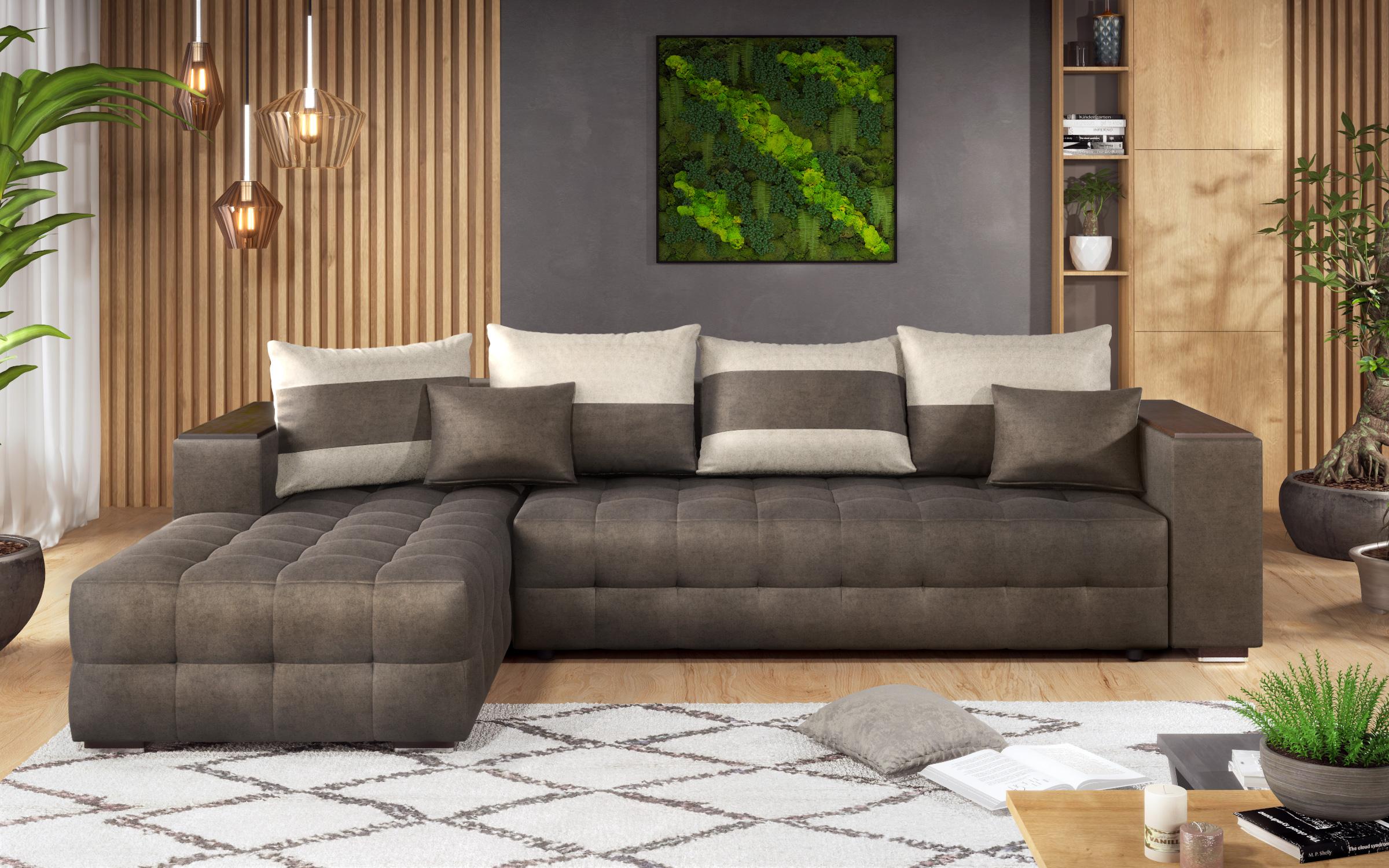 Extendable corner sofa with shelf armrest Melvin, dark brown + light beige  3