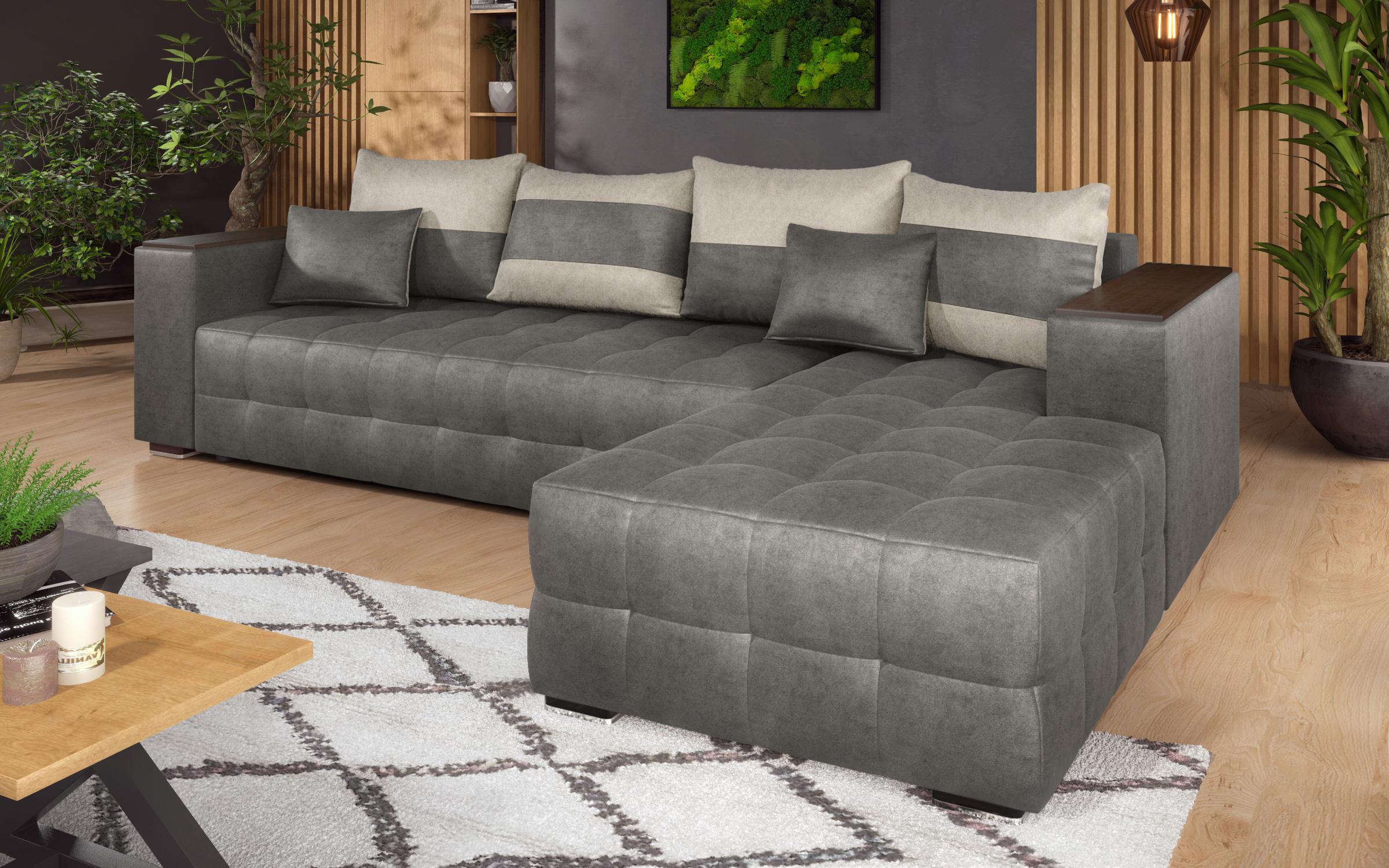 Extendable corner sofa with shelf armrest Melvin, grey + light beige  3