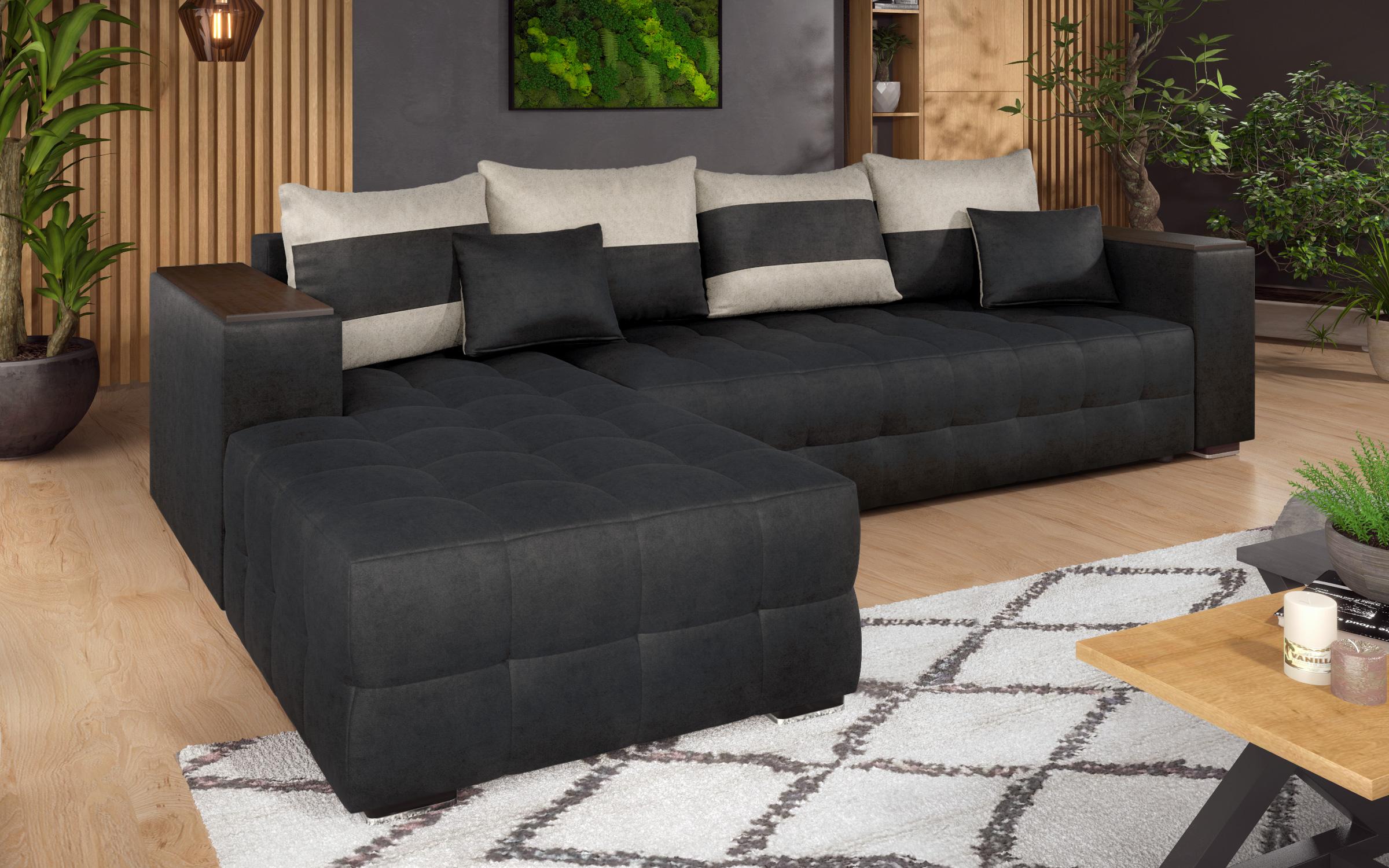 Extendable corner sofa with shelf armrest Melvin, black + light beige  4