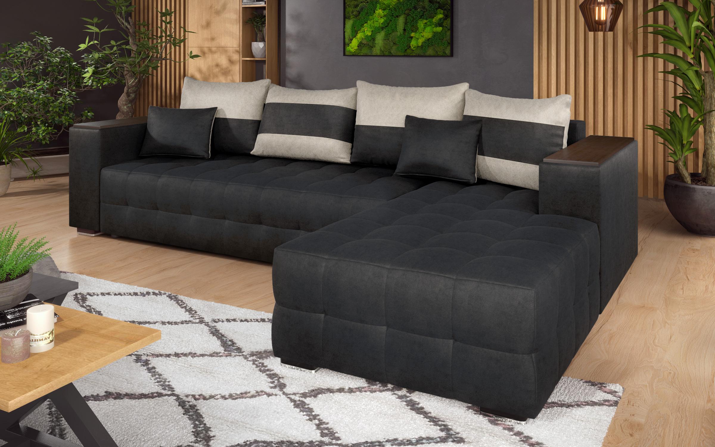 Extendable corner sofa with shelf armrest Melvin, black + light beige  4