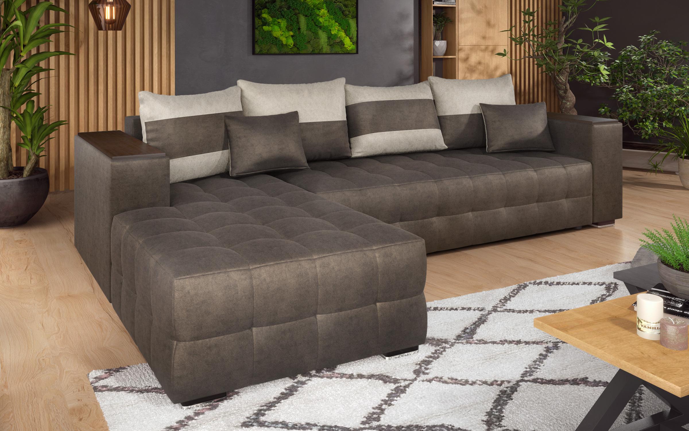 Extendable corner sofa with shelf armrest Melvin, dark brown + light beige  4