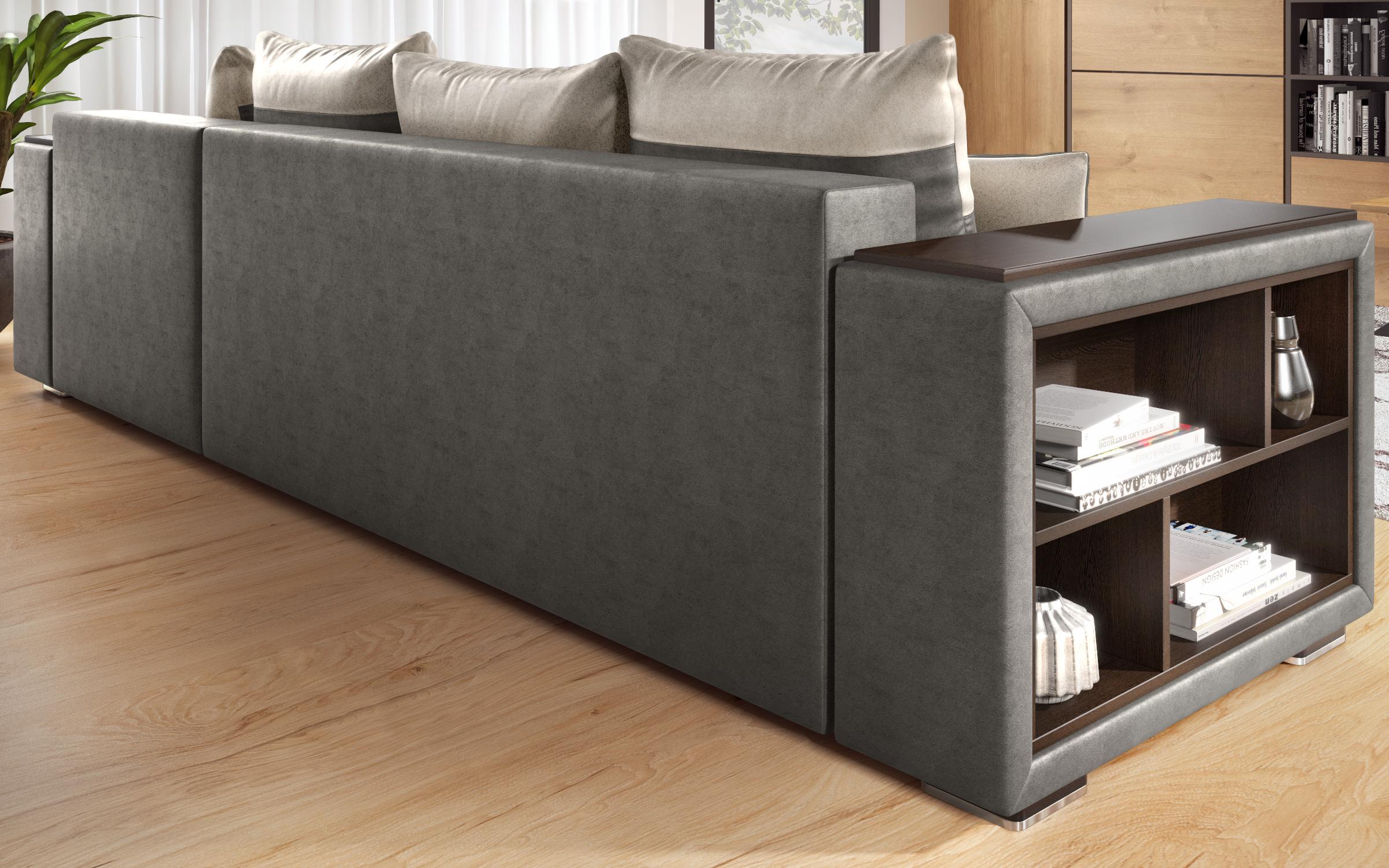 Extendable corner sofa with shelf armrest Melvin, grey + light beige  4