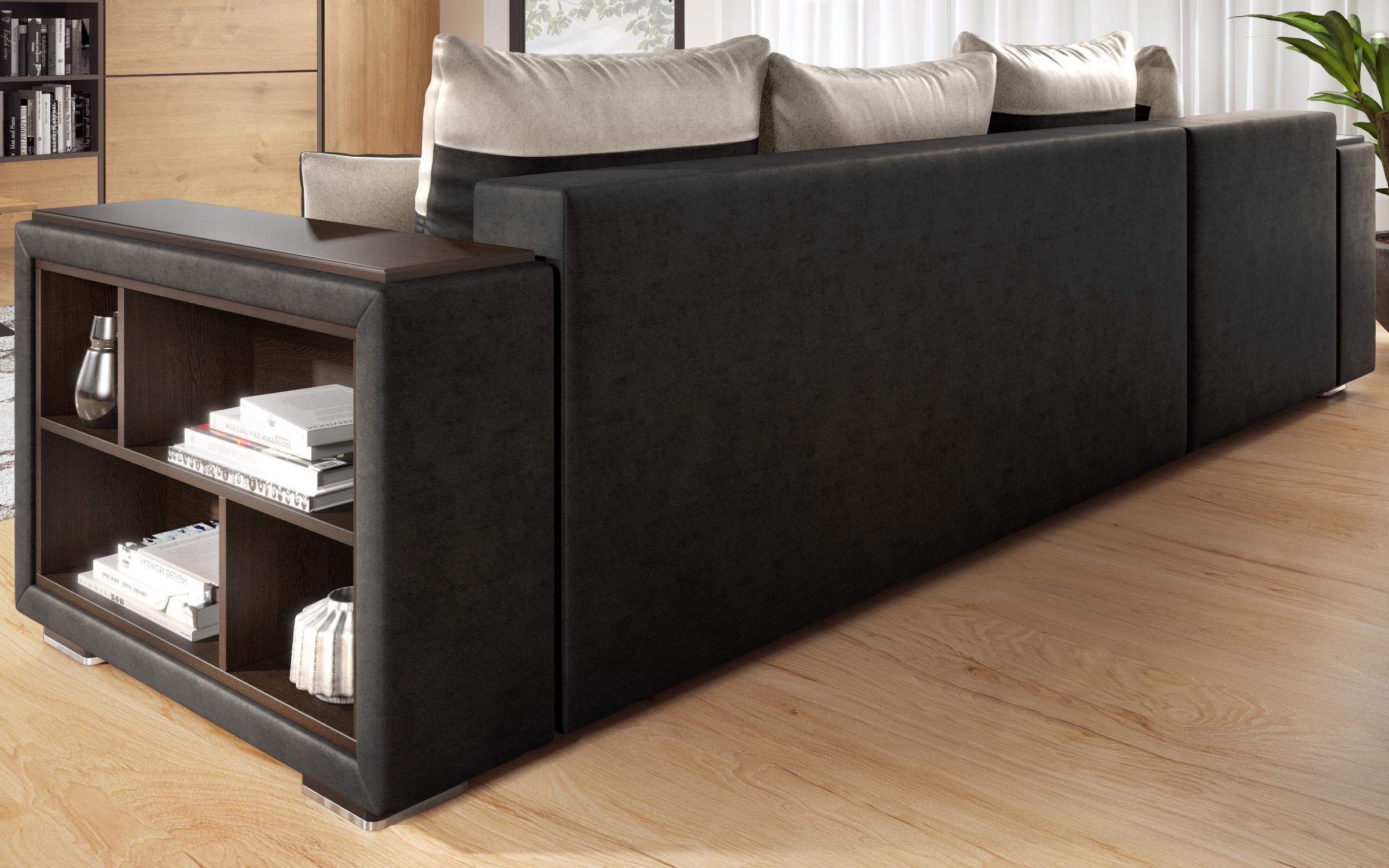 Extendable corner sofa with shelf armrest Melvin, black + light beige  5