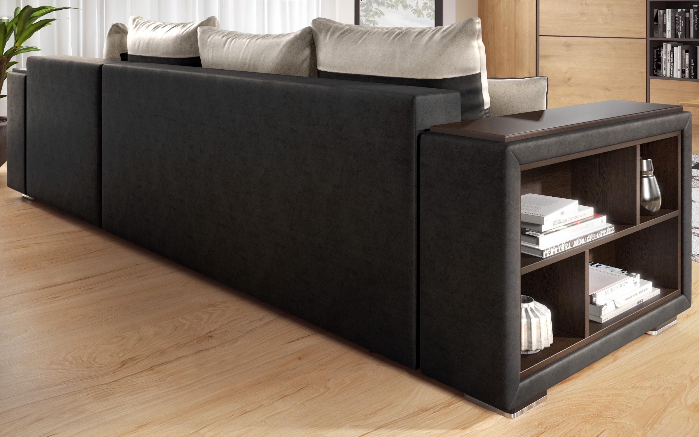 Extendable corner sofa with shelf armrest Melvin, black + light beige  5