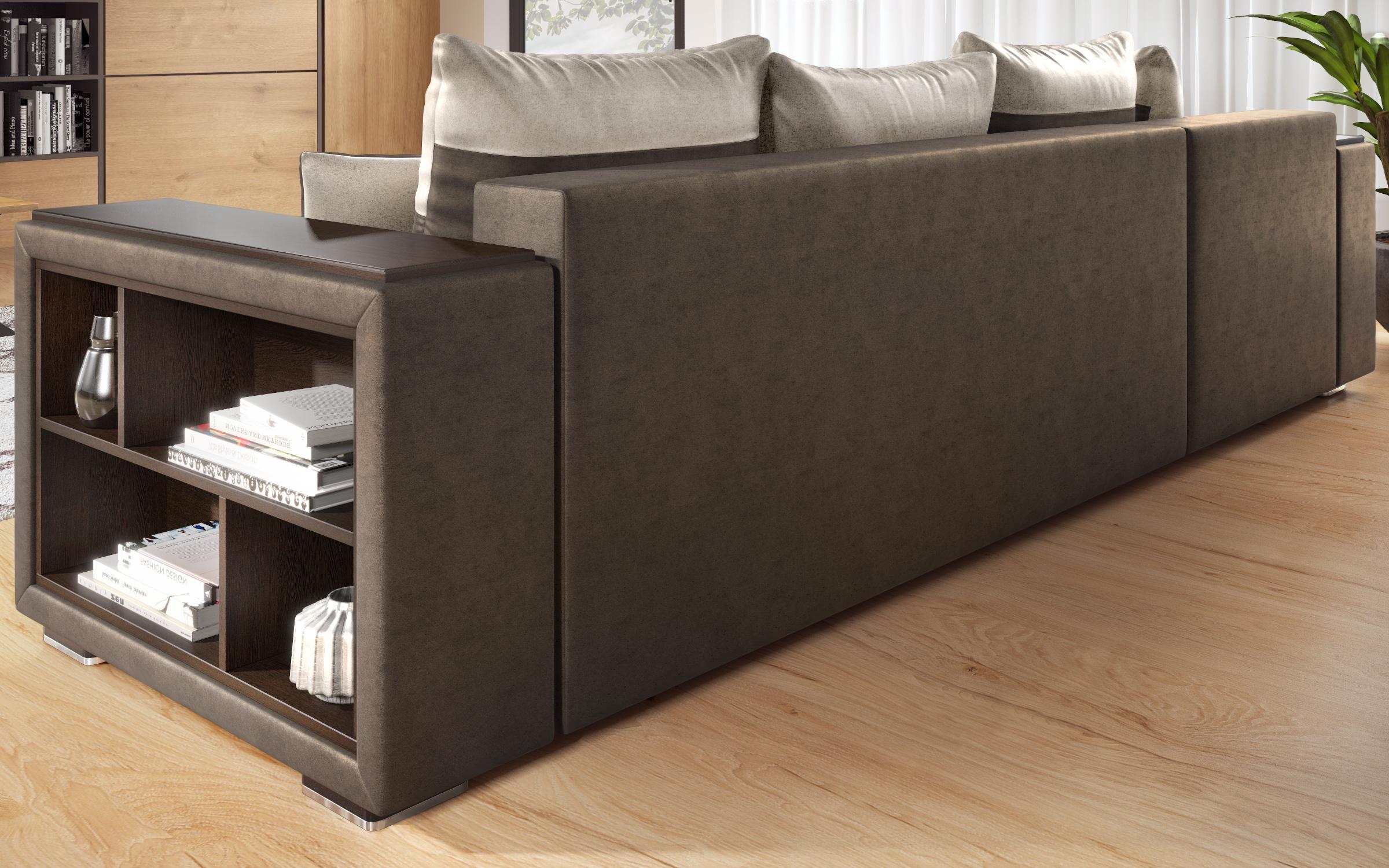 Extendable corner sofa with shelf armrest Melvin, dark brown + light beige  5
