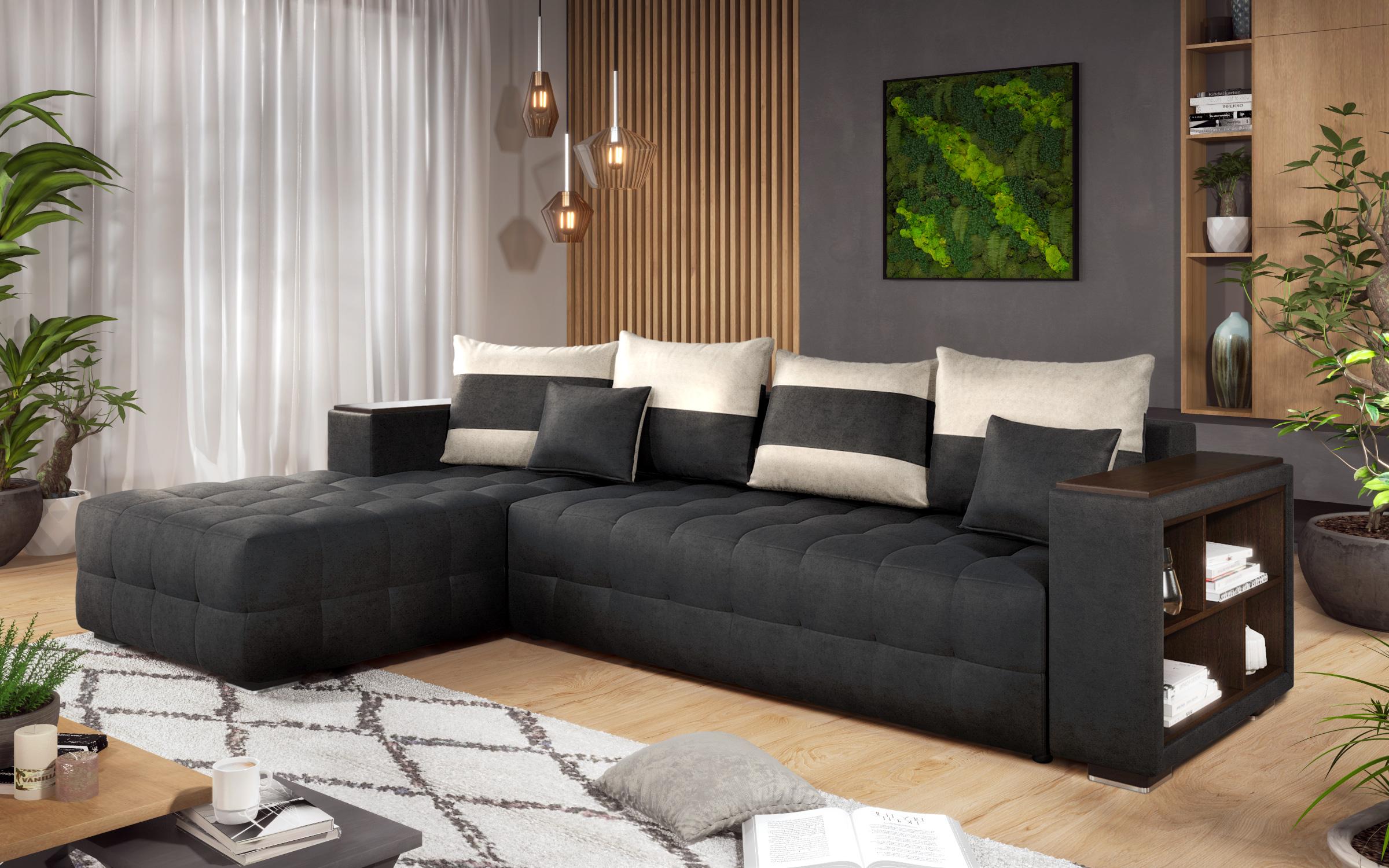 Extendable corner sofa with shelf armrest Melvin, black + light beige  6