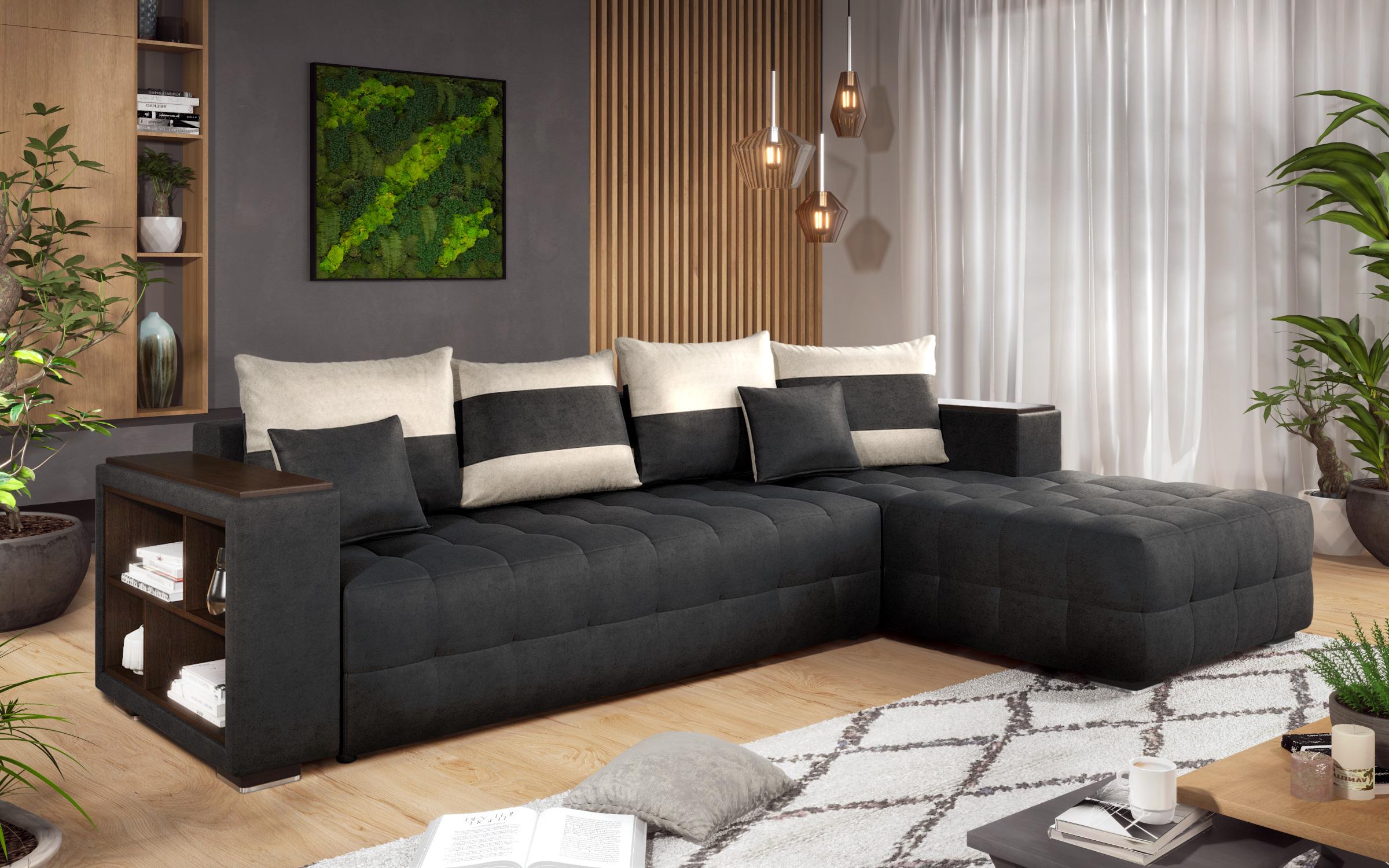 Extendable corner sofa with shelf armrest Melvin, black + light beige  6