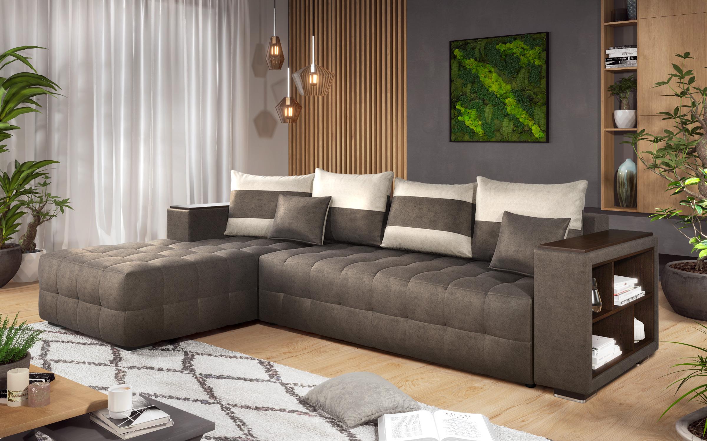Extendable corner sofa with shelf armrest Melvin, dark brown + light beige  6