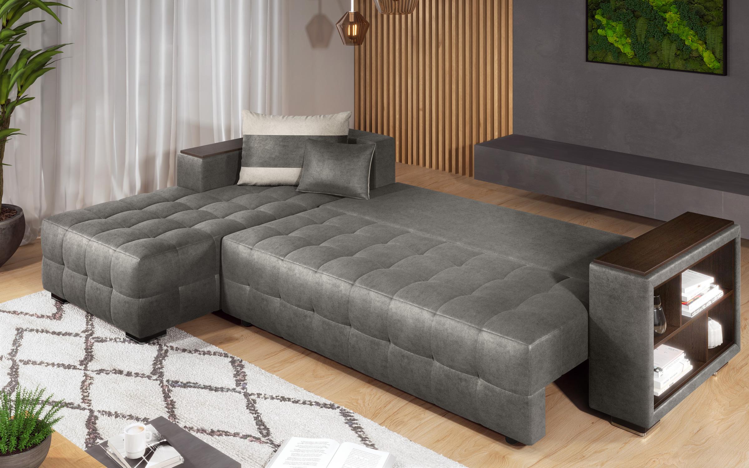 Extendable corner sofa with shelf armrest Melvin, grey + light beige  6