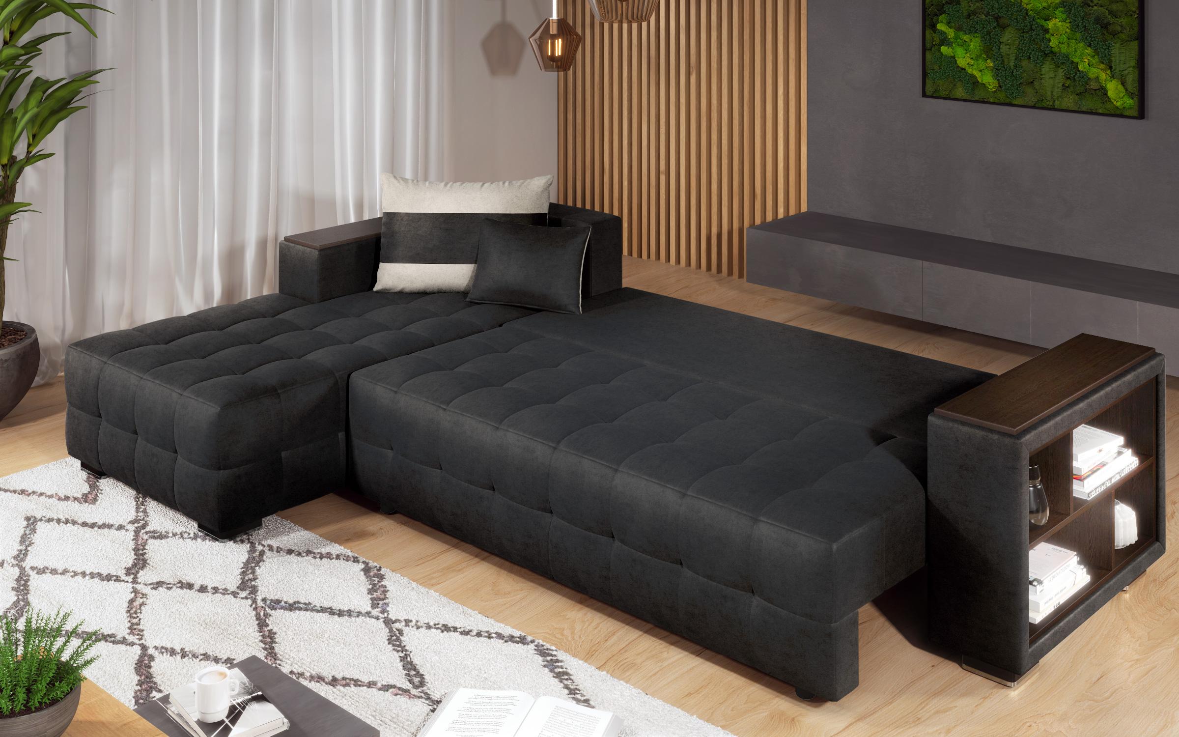 Extendable corner sofa with shelf armrest Melvin, black + light beige  7