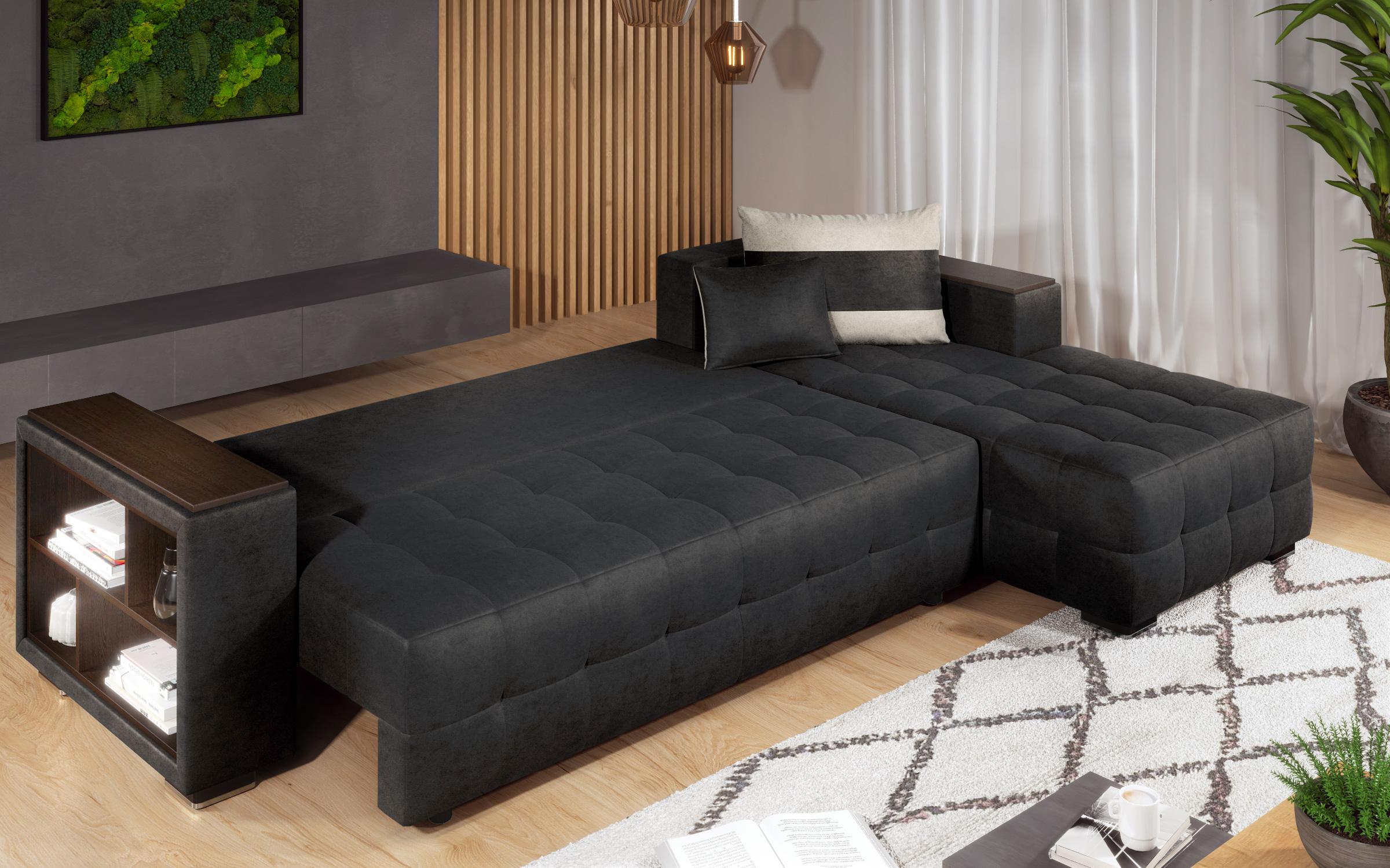 Extendable corner sofa with shelf armrest Melvin, black + light beige  7