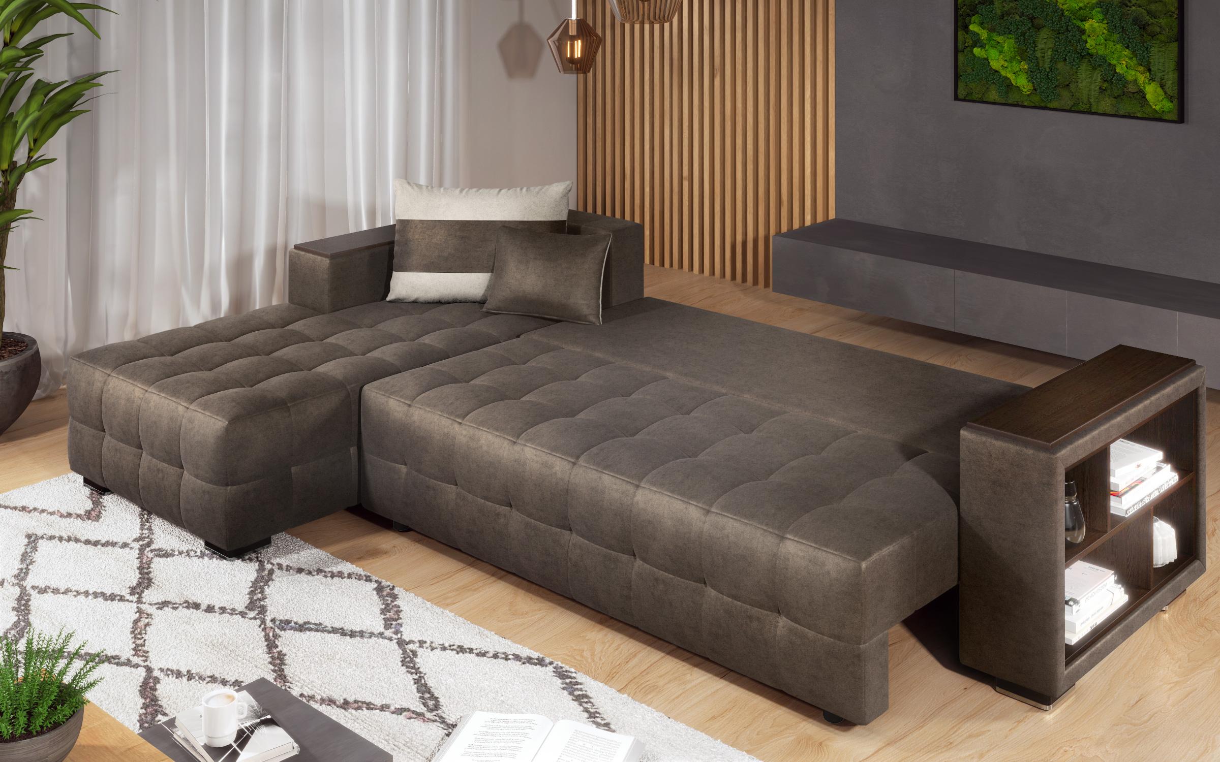 Extendable corner sofa with shelf armrest Melvin, dark brown + light beige  7