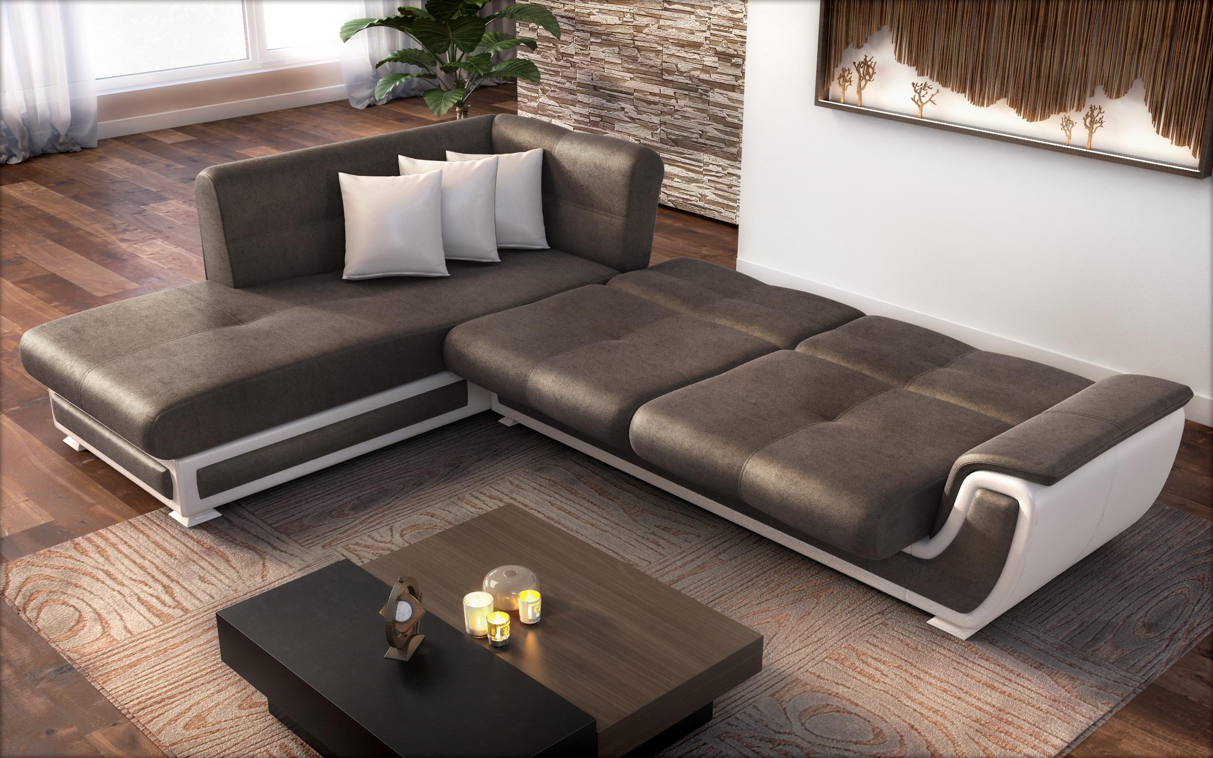 Extendable corner sofa + click-clack mechanism Princess ΙΙ, dark brown + white leather  5