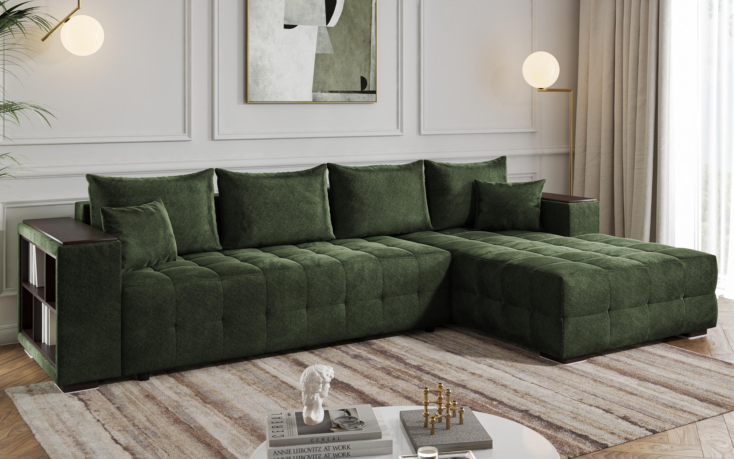 Extendable corner sofa with shelf armrest Melvin Spring, green  3
