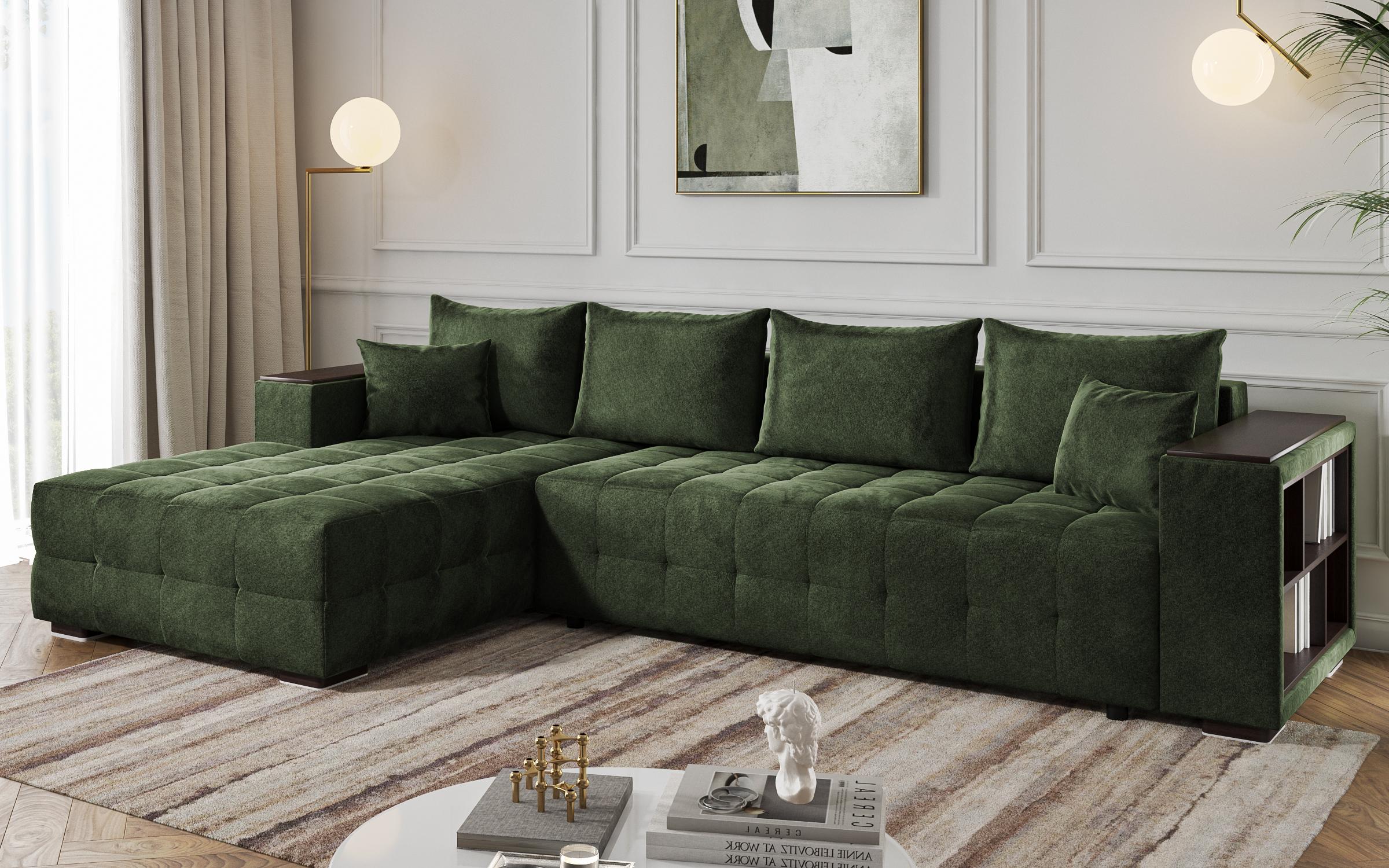 Extendable corner sofa with shelf armrest Melvin Spring, green  3