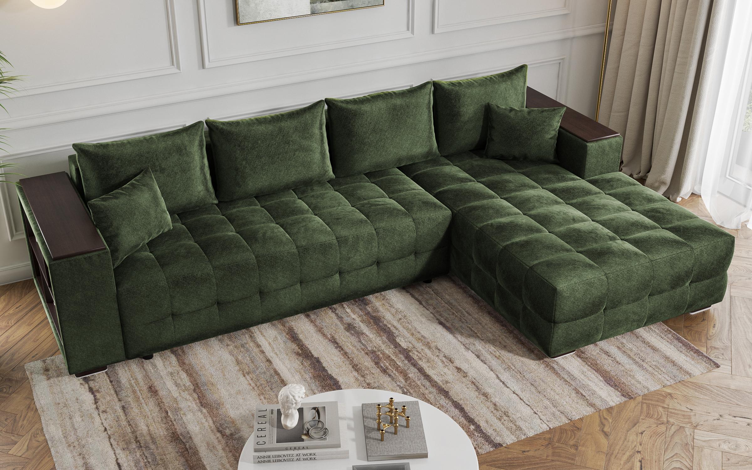 Extendable corner sofa with shelf armrest Melvin Spring, green  6
