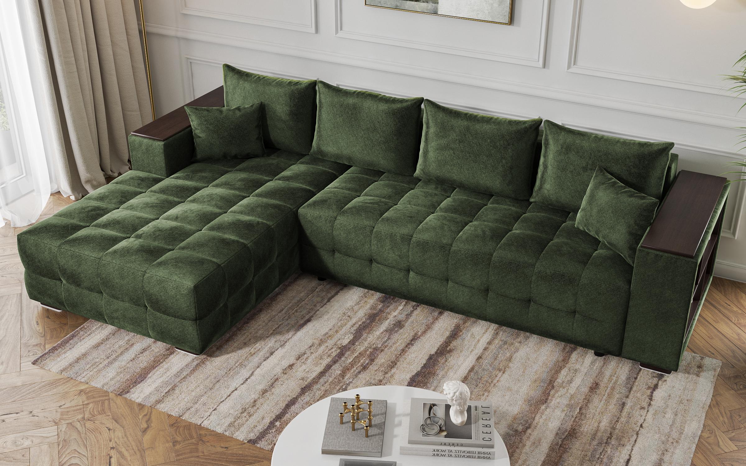 Extendable corner sofa with shelf armrest Melvin Spring, green  6