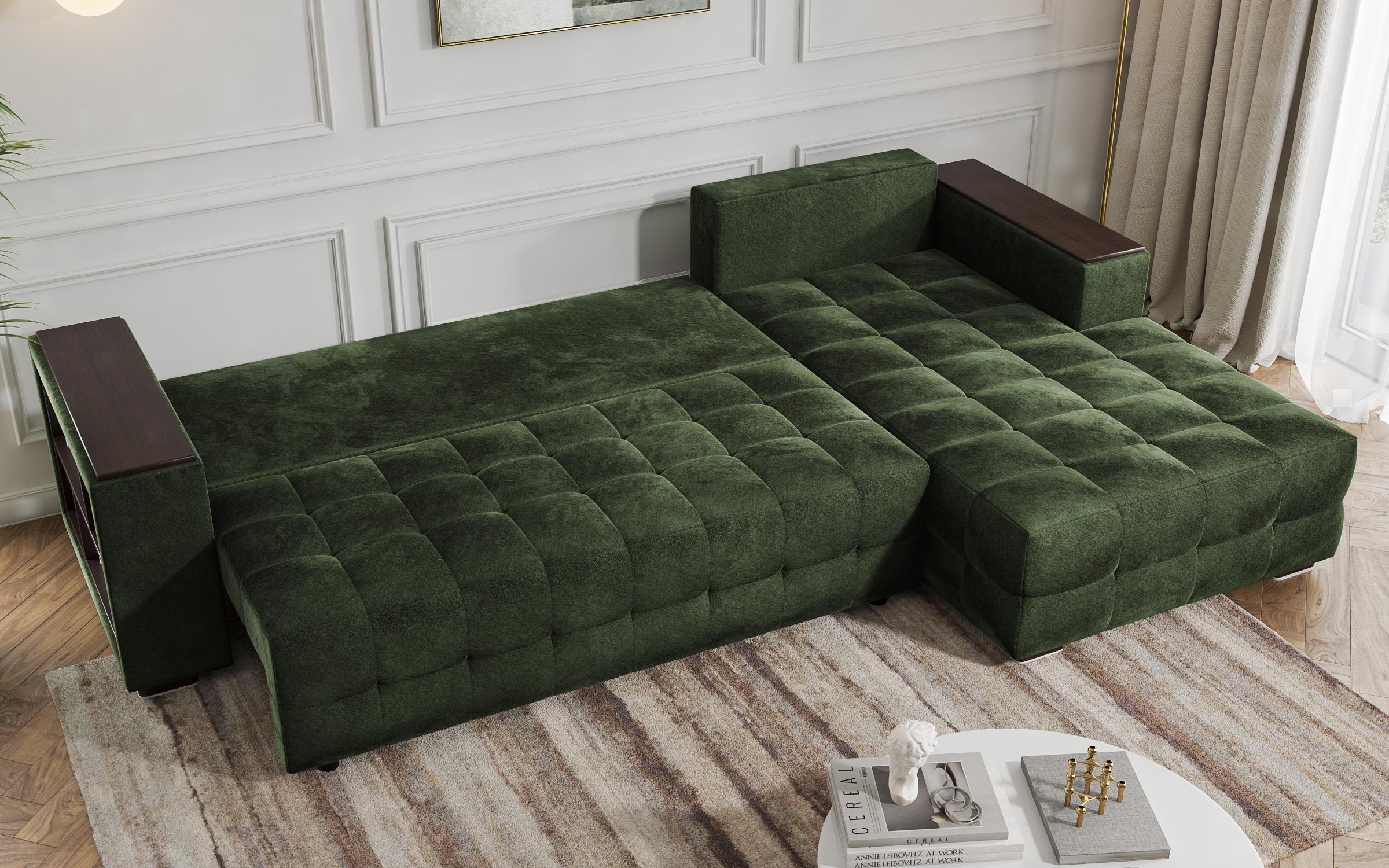 Extendable corner sofa with shelf armrest Melvin Spring, green  8