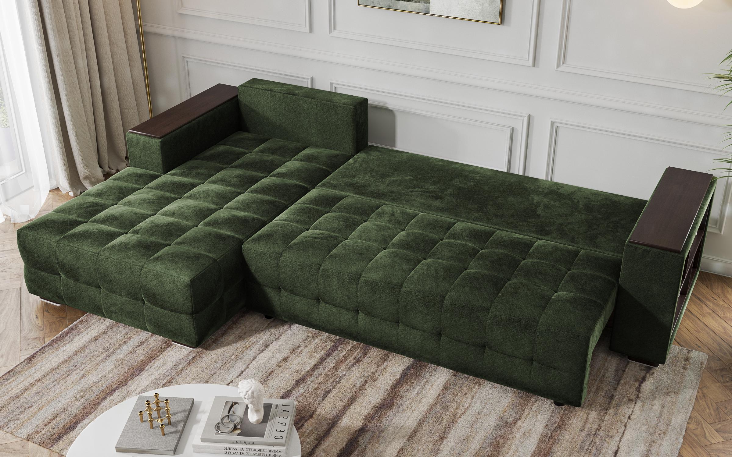 Extendable corner sofa with shelf armrest Melvin Spring, green  8