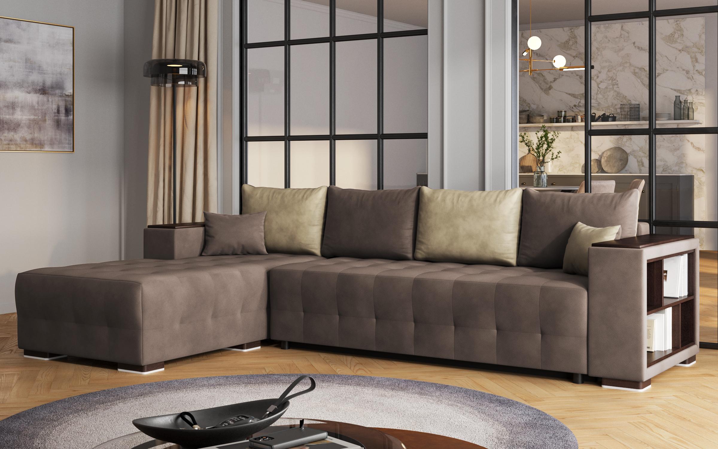 Extendable corner sofa with shelf armrest Melvin Spring, brown + beige  4