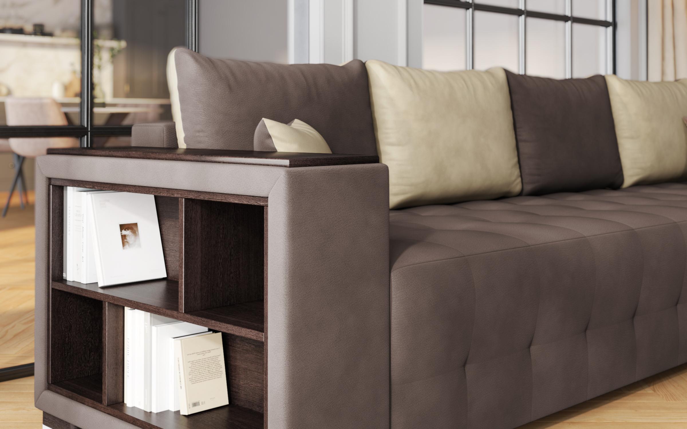 Extendable corner sofa with shelf armrest Melvin Spring, brown + beige  5