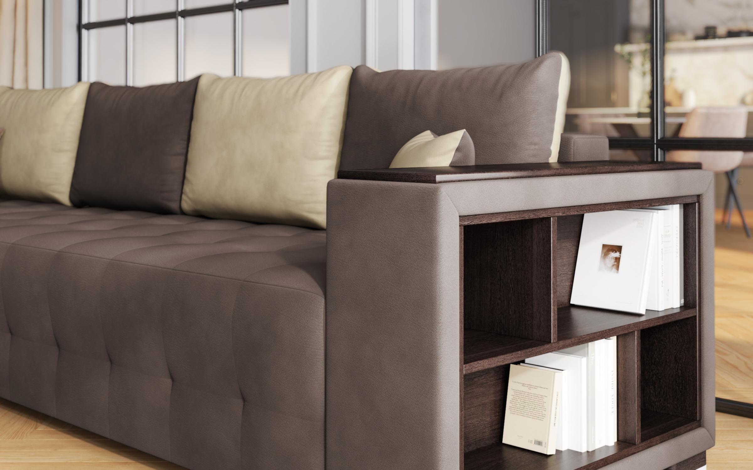 Extendable corner sofa with shelf armrest Melvin Spring, brown + beige  5