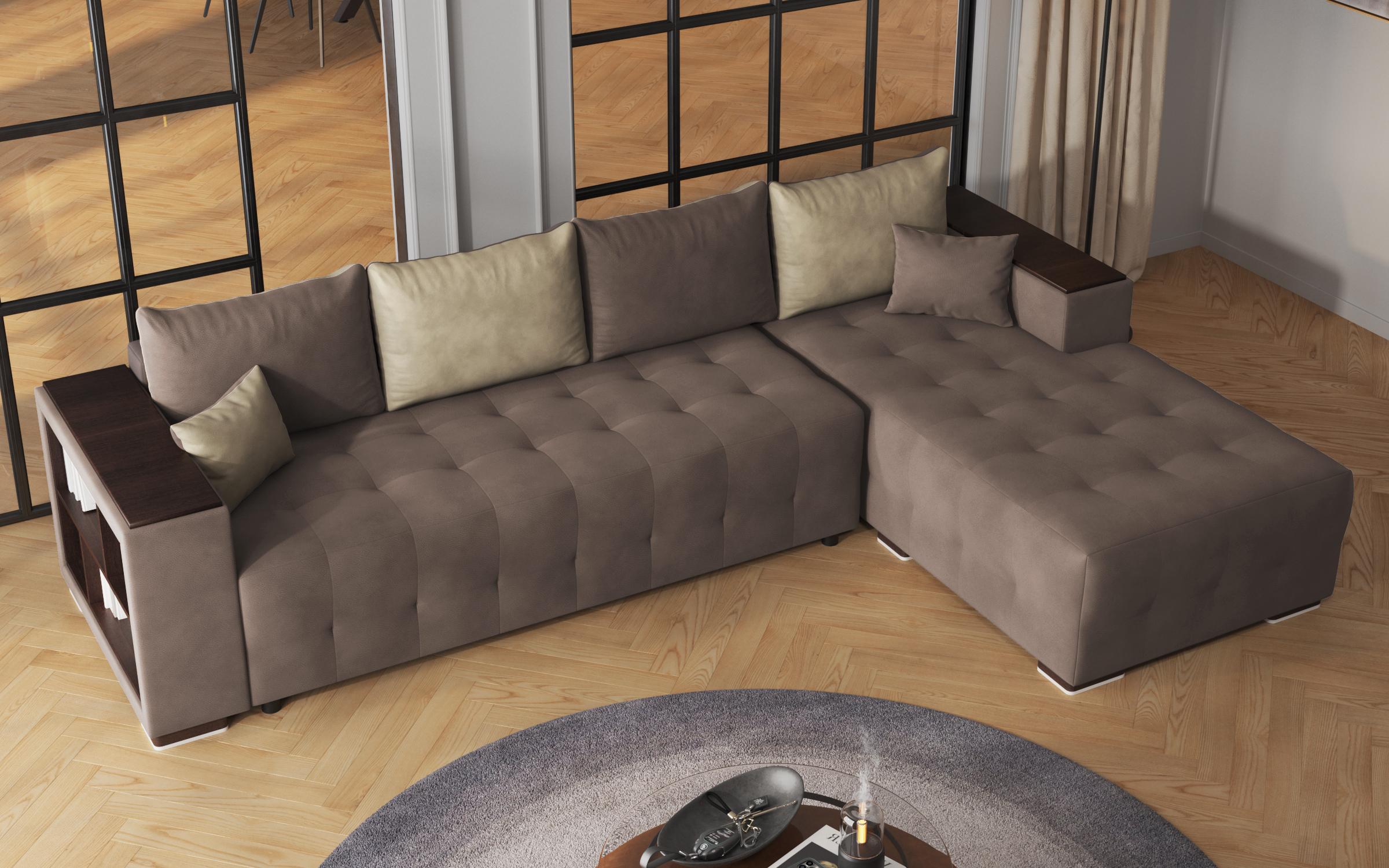 Extendable corner sofa with shelf armrest Melvin Spring, brown + beige  6