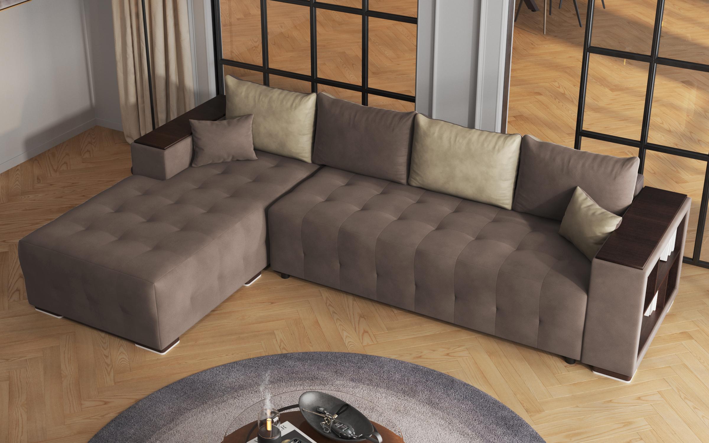 Extendable corner sofa with shelf armrest Melvin Spring, brown + beige  6
