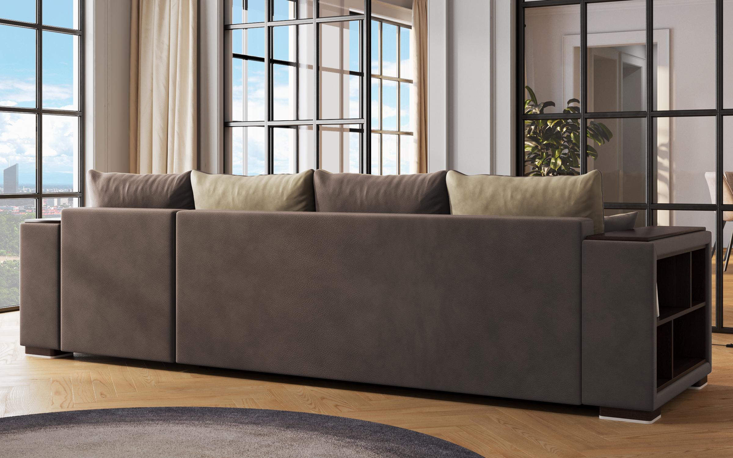 Extendable corner sofa with shelf armrest Melvin Spring, brown + beige  7