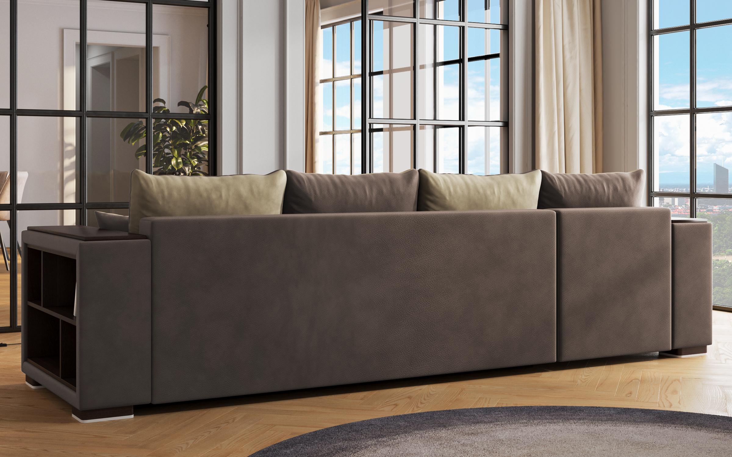 Extendable corner sofa with shelf armrest Melvin Spring, brown + beige  7