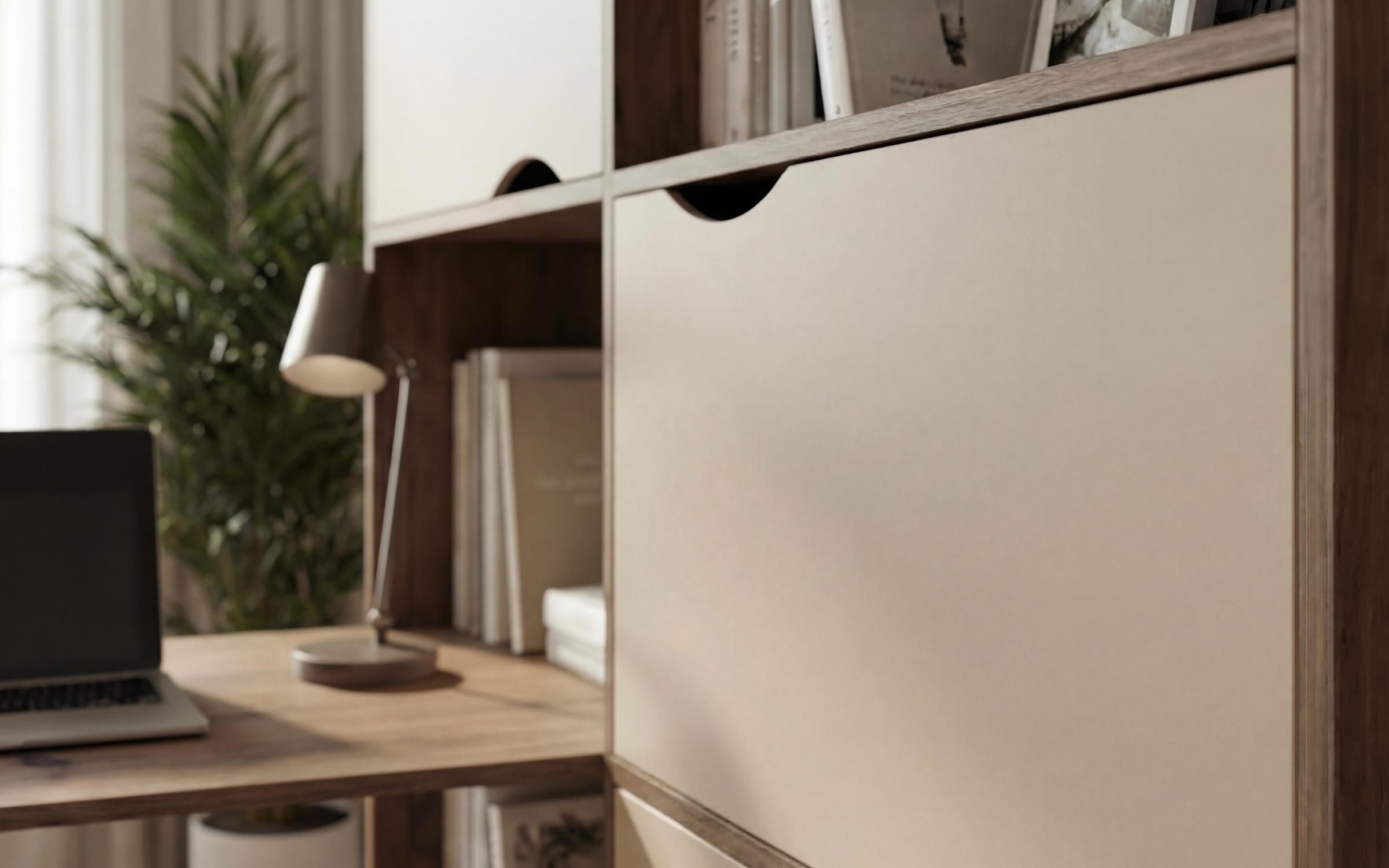 Desk with shelf unit Elix, dark Scandinavian oak + pearl  5