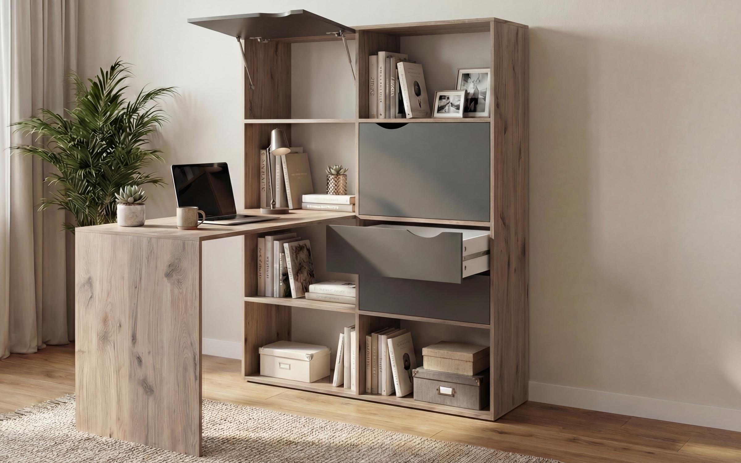 Desk with shelf unit Elix, light Scandinavian oak + anthracite matt  4
