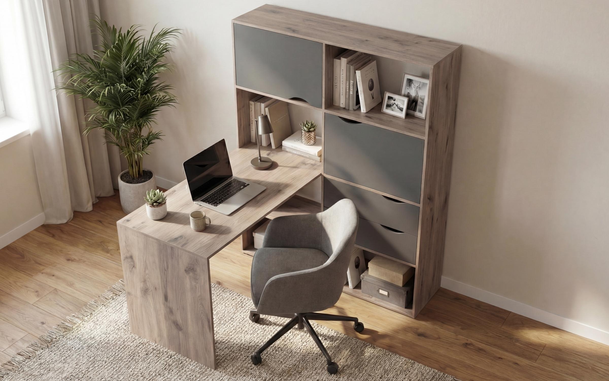 Desk with shelf unit Elix, light Scandinavian oak + anthracite matt  3