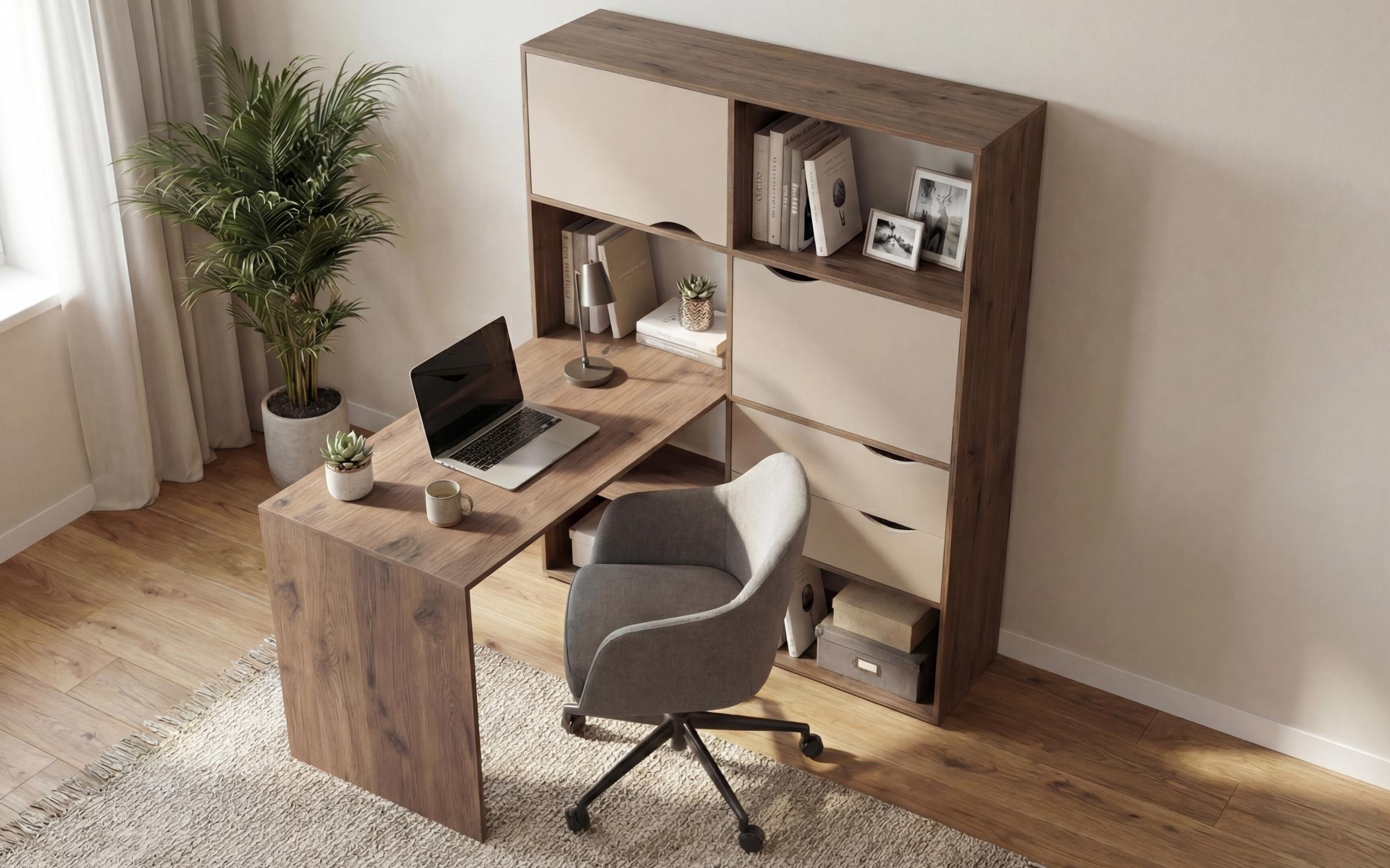 Desk with shelf unit Elix, dark Scandinavian oak + pearl  3