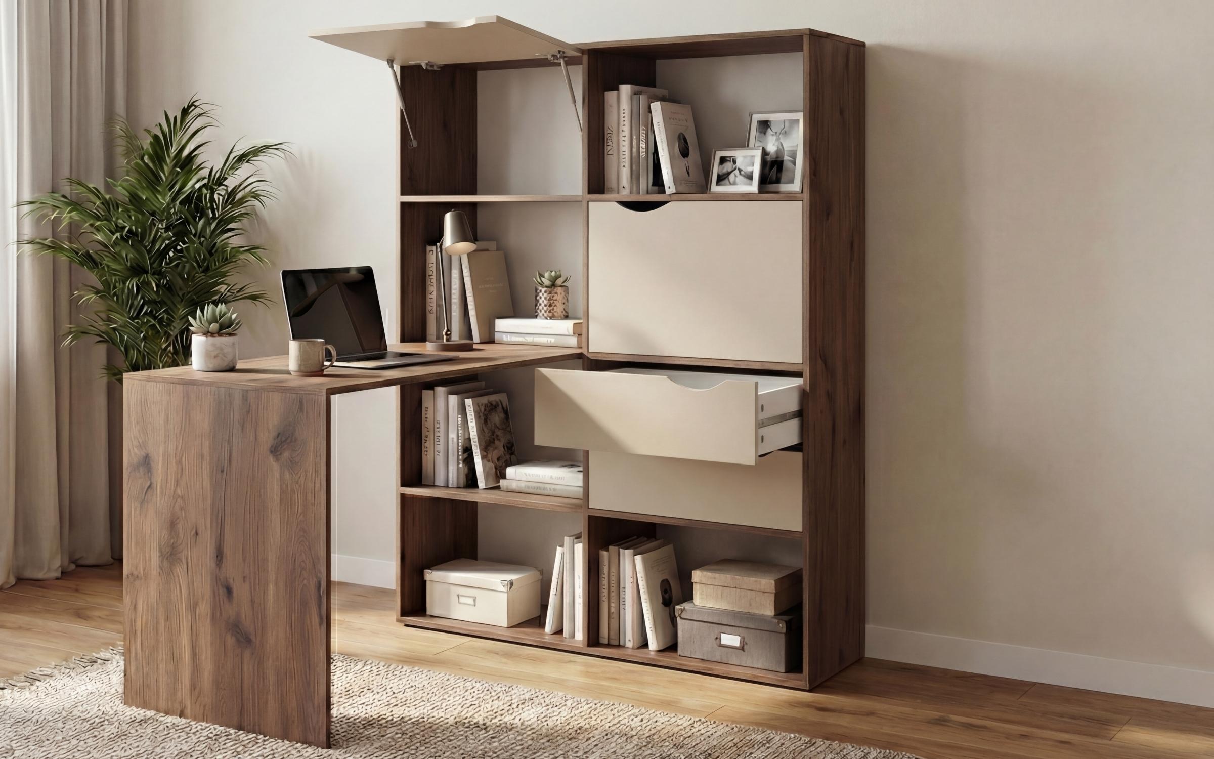 Desk with shelf unit Elix, dark Scandinavian oak + pearl  4
