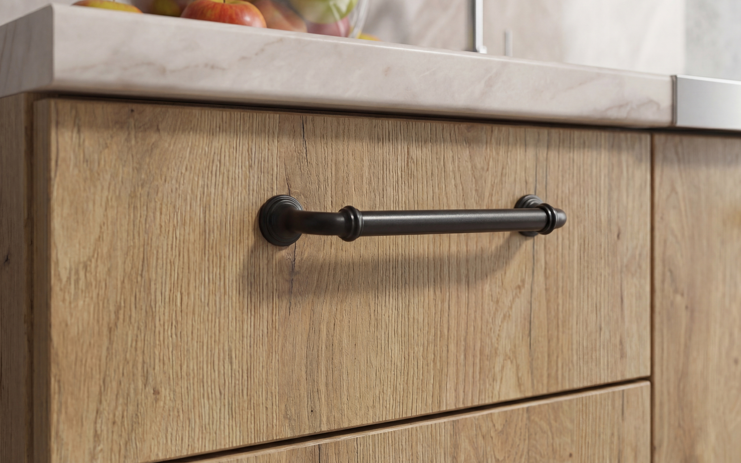 Kitchen with included thermo countertop Ferrero, black gloss + Evoke oak  3