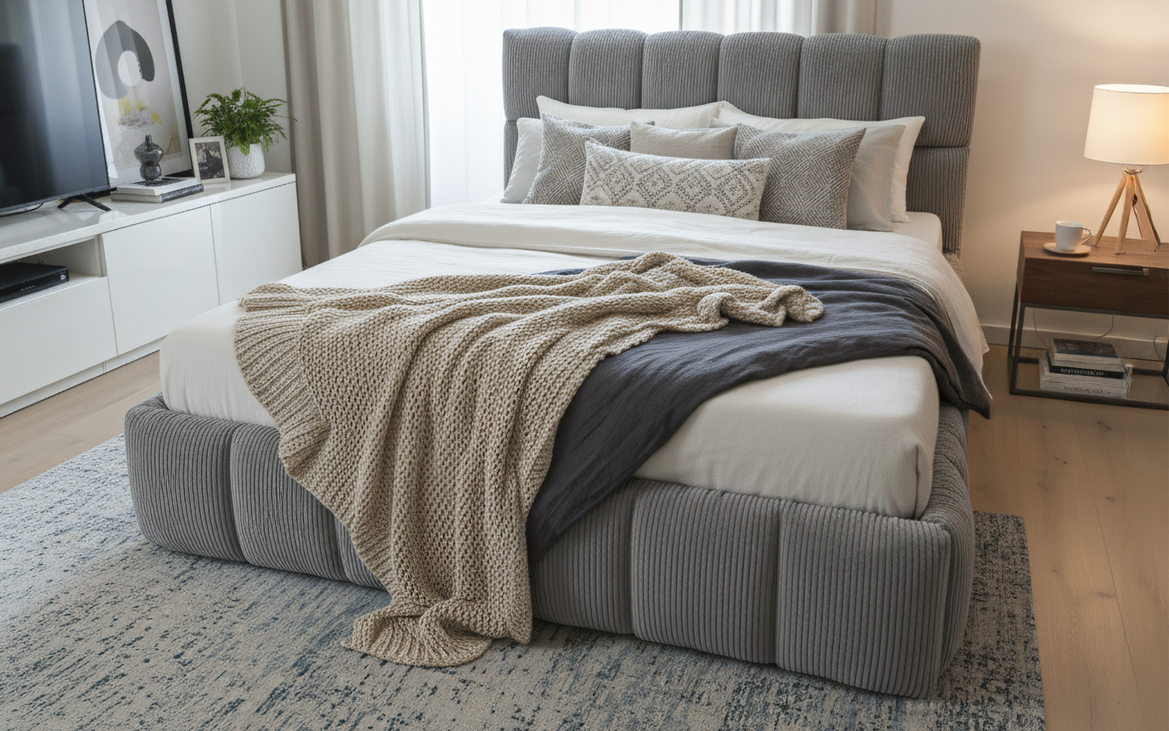 Upholstered double bed for mattress 160/200 Fiorela Deluxe, grey  3