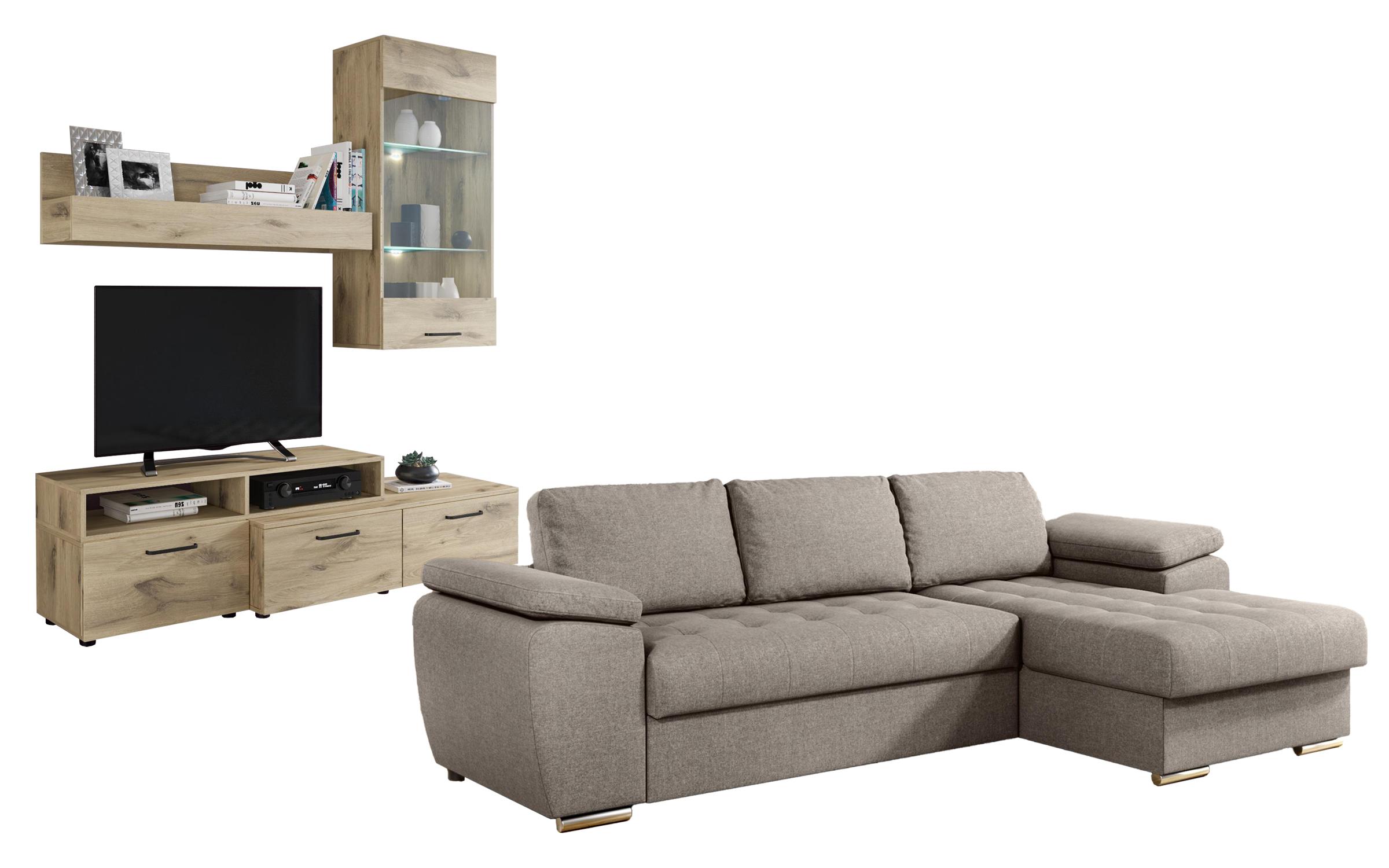 Living room set Sofa Valencia Pocket + Shelf unit Shelly, beige + light Scandinavian oak  1