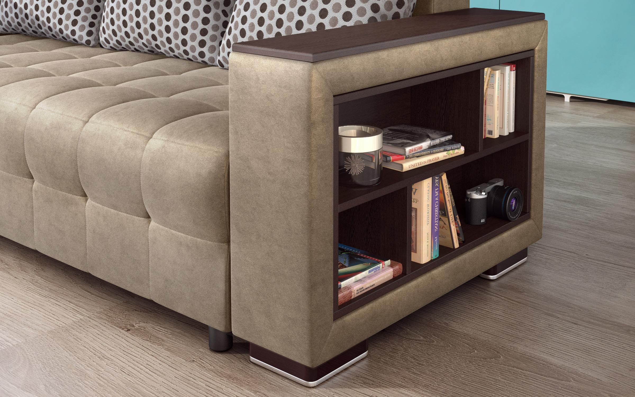 Extendable sofa with shelf armrest Melvin, dark beige  5