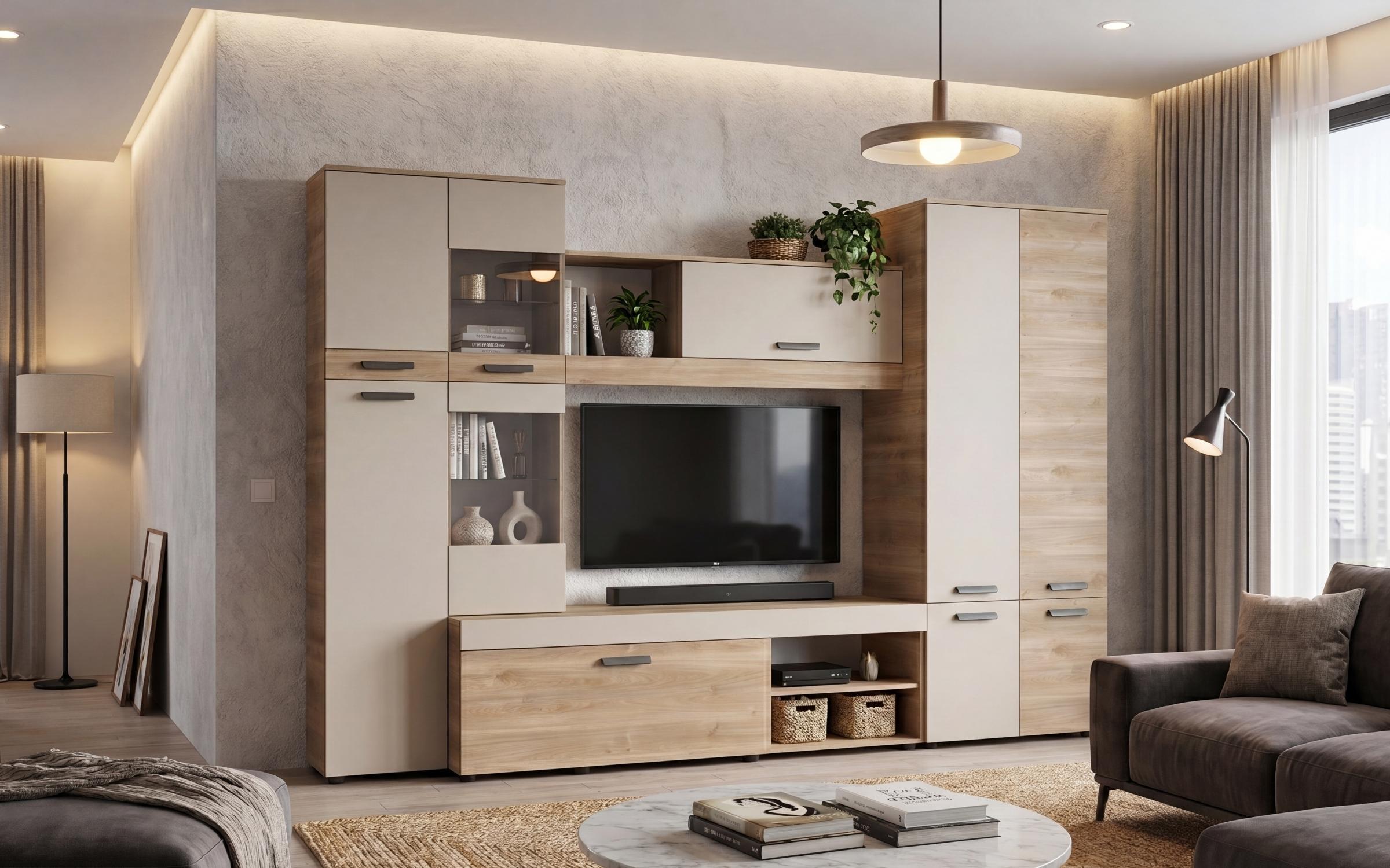 Секция + LED осветление Капри, кашмир + дъб кастело меден  1