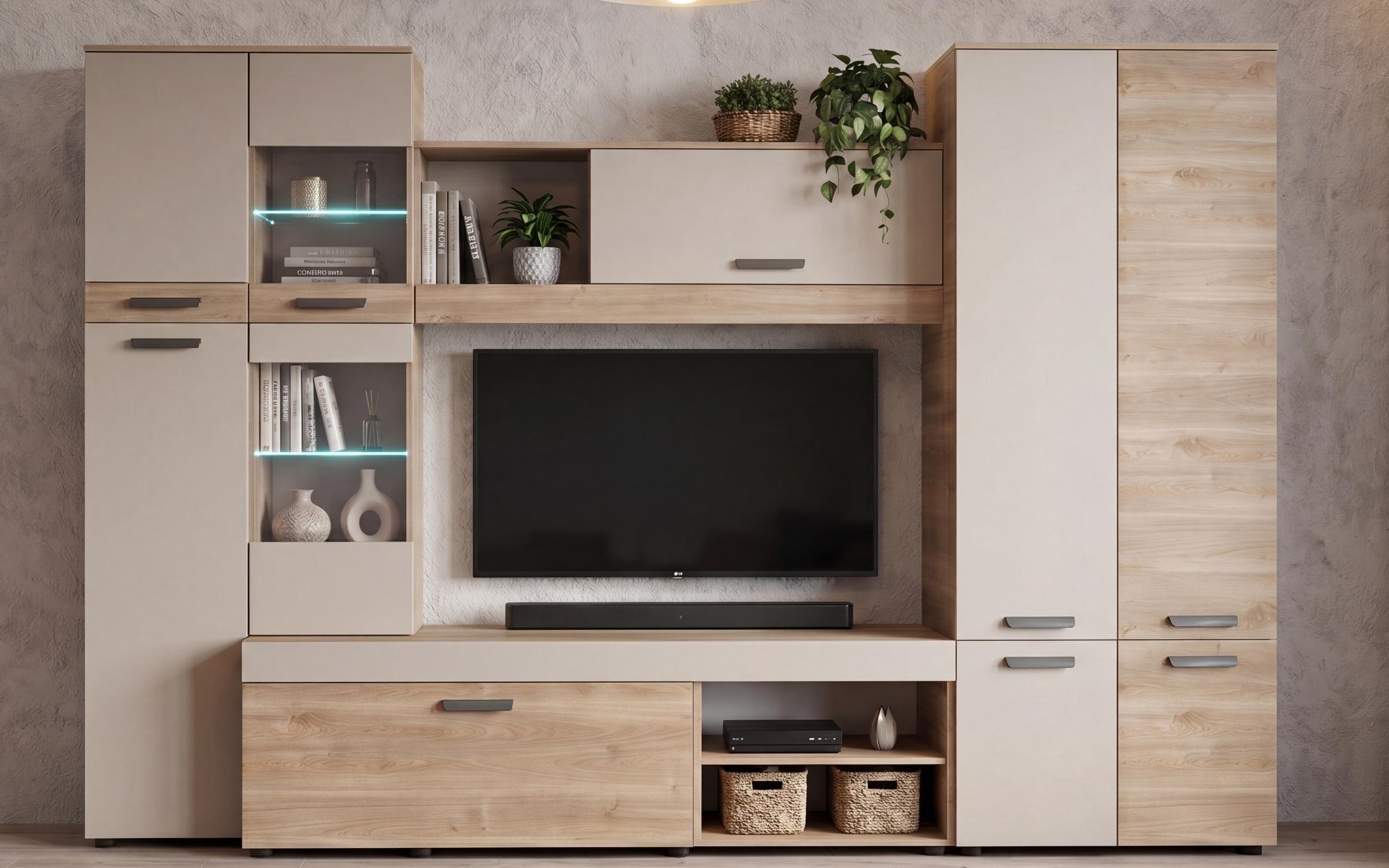 Секция + LED осветление Капри, кашмир + дъб кастело меден  3
