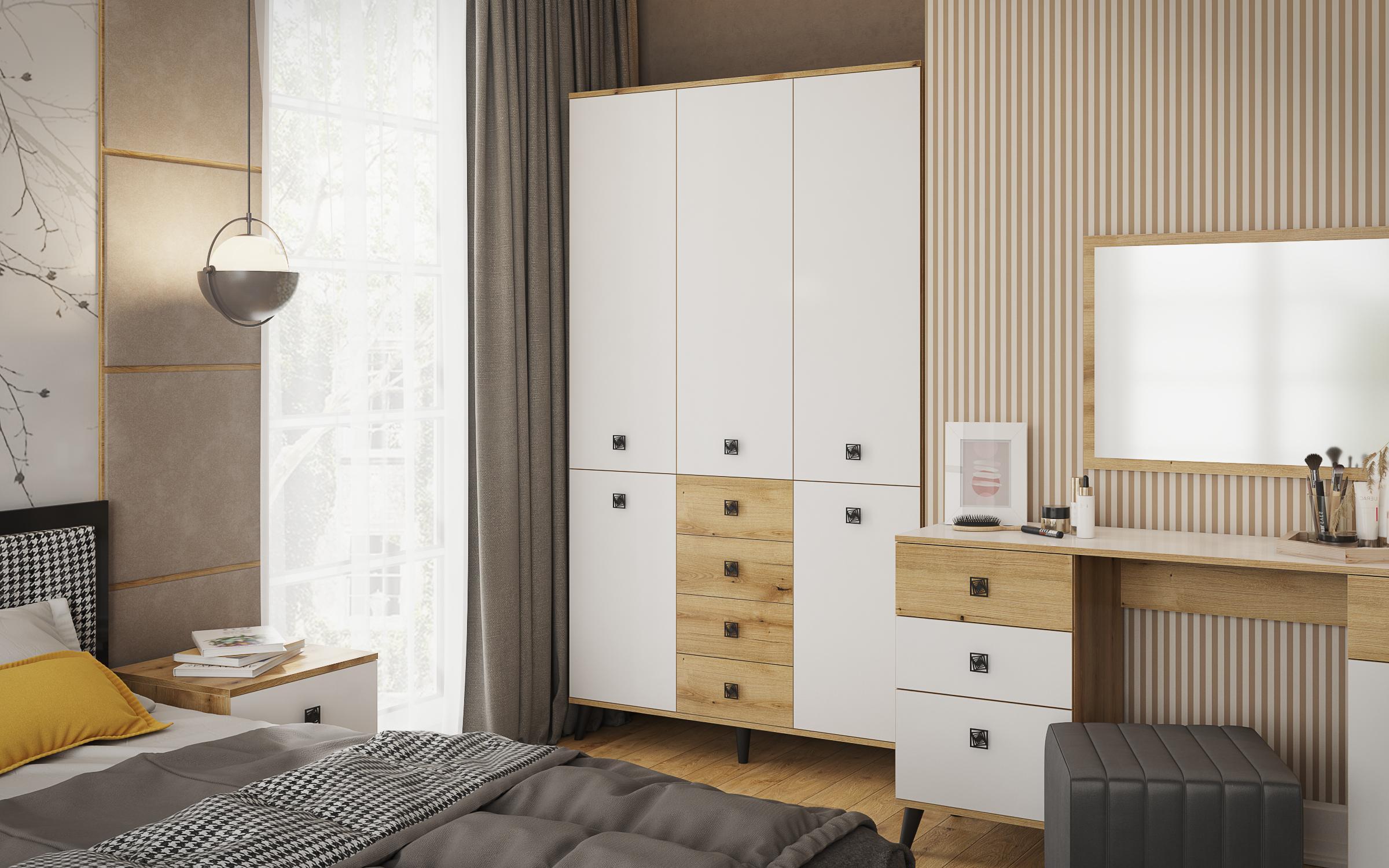 Wardrobe Amariya M, white gloss + Evoke oak  3