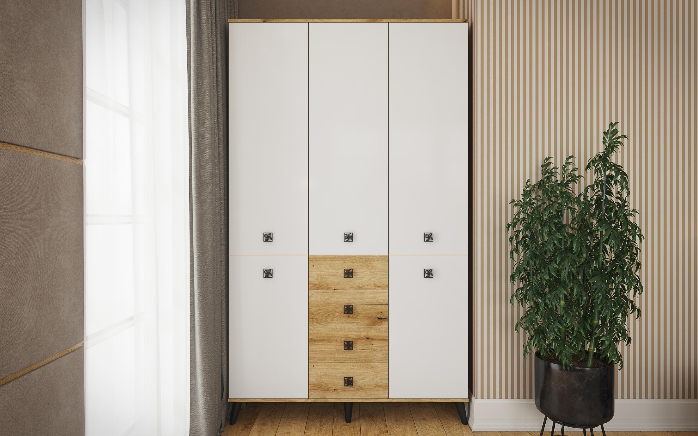 Wardrobe Amariya M, white gloss + Evoke oak  2