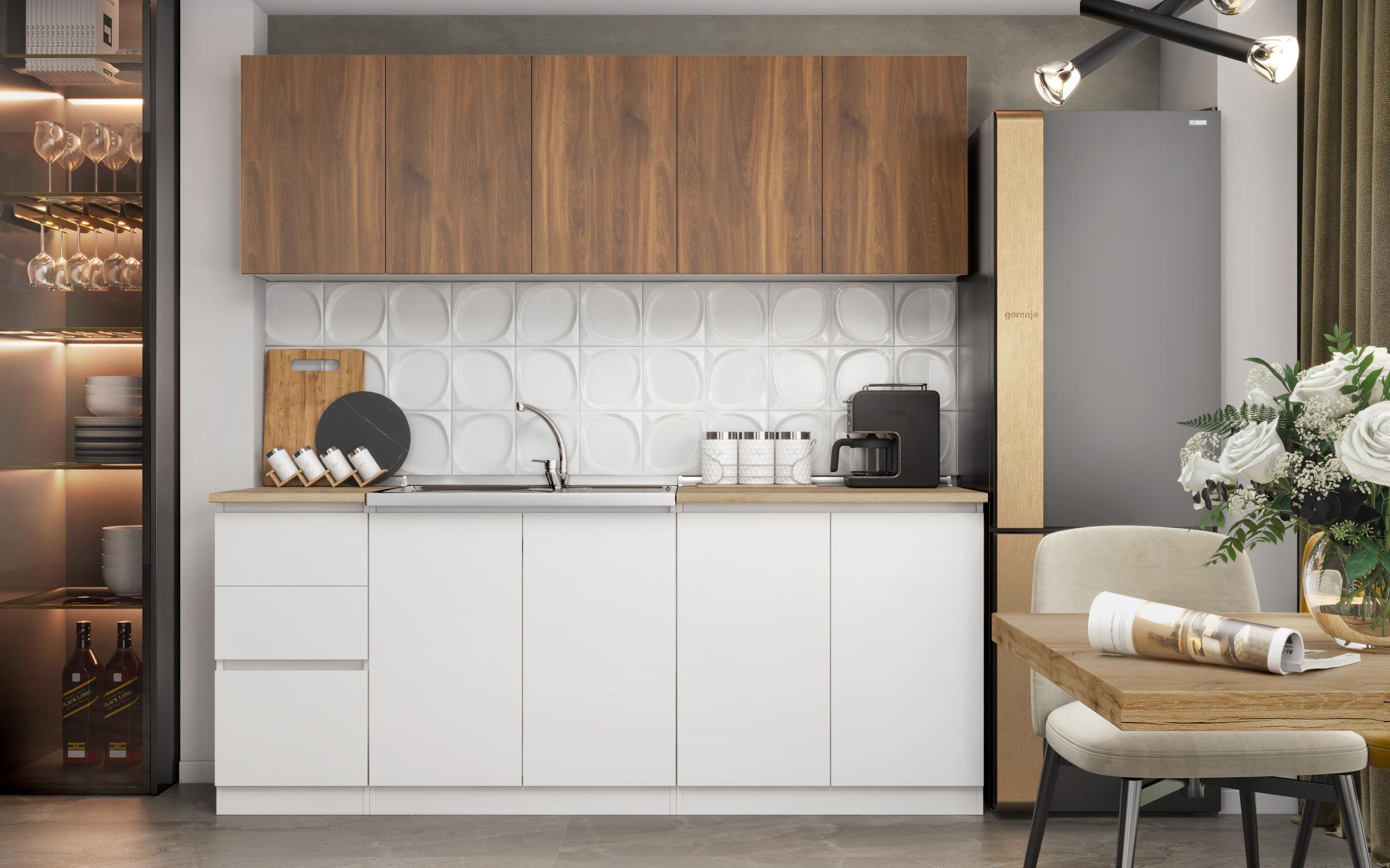 Kitchen with included thermo countertop Alma, white + Cognac Castello oak  3
